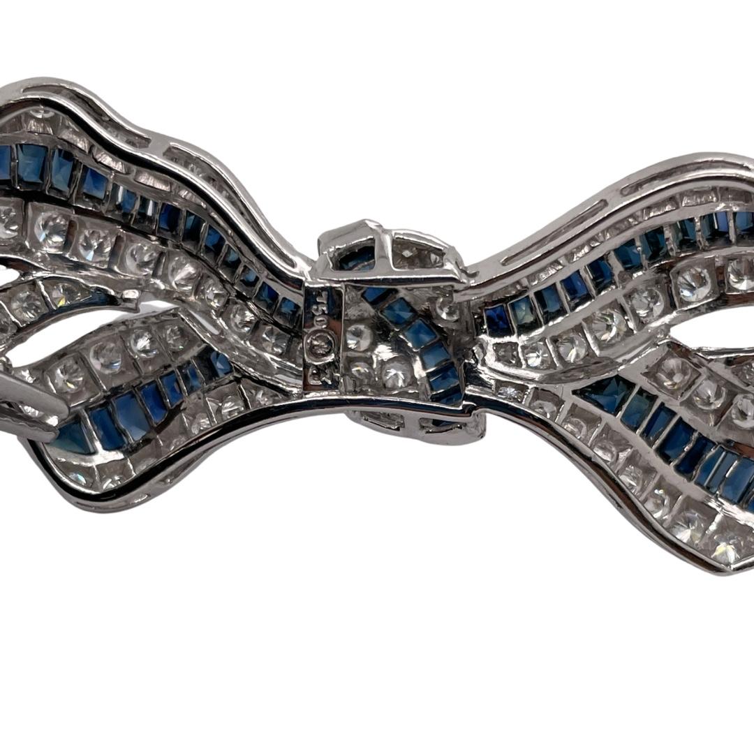 Baguette Cut Sapphire & Diamond Bow Ribbon Brooch in 18K White Gold For Sale