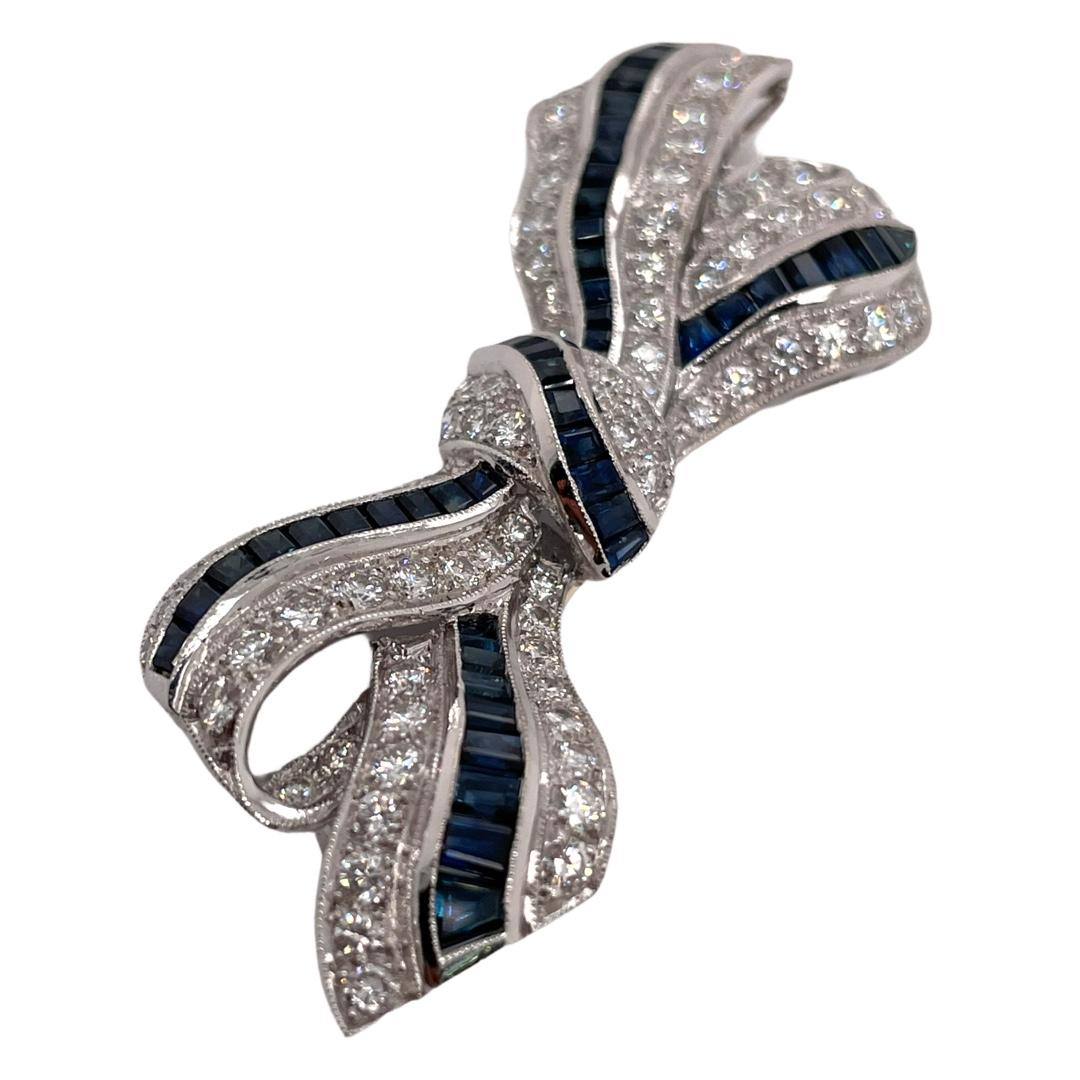 Sapphire & Diamond Bow Ribbon Brooch in 18K White Gold In Excellent Condition For Sale In New York, NY