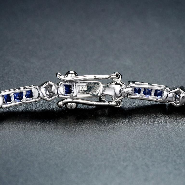Art Deco Alternate Triple Sapphire and Round Diamond Link Bracelet in 18K White Gold For Sale
