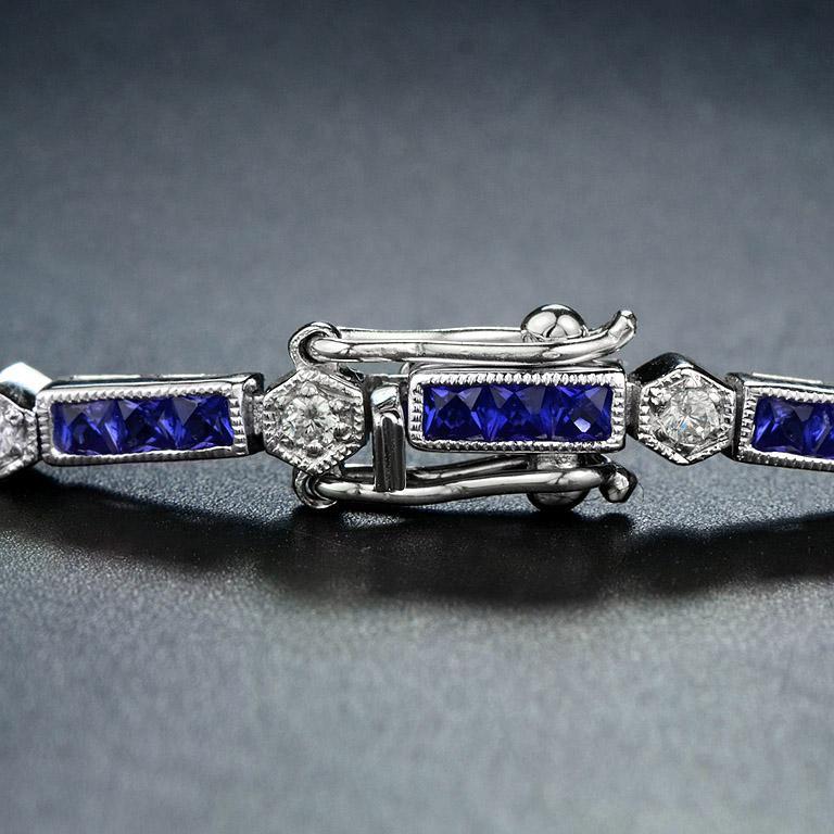 French Cut Alternate Triple Sapphire and Round Diamond Link Bracelet in 18K White Gold For Sale