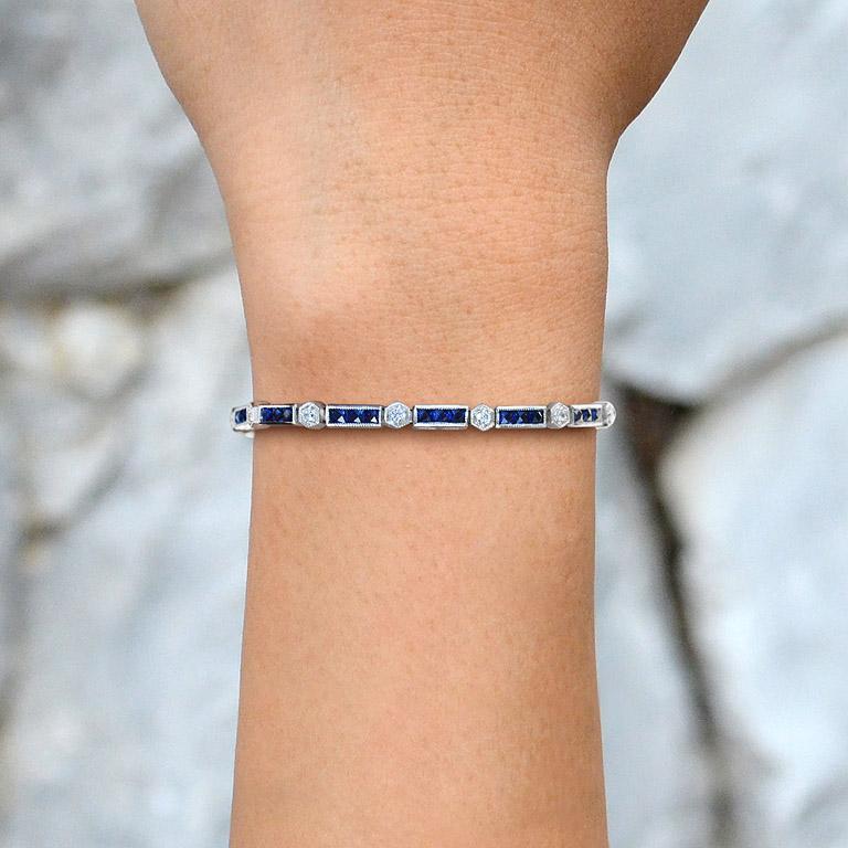 Alternate Triple Sapphire and Round Diamond Link Bracelet in 18K White Gold For Sale 1