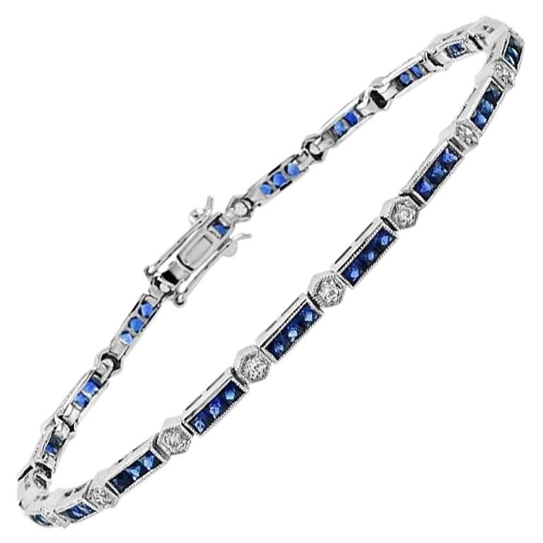 Alternate Triple Sapphire and Round Diamond Link Bracelet in 18K White Gold For Sale