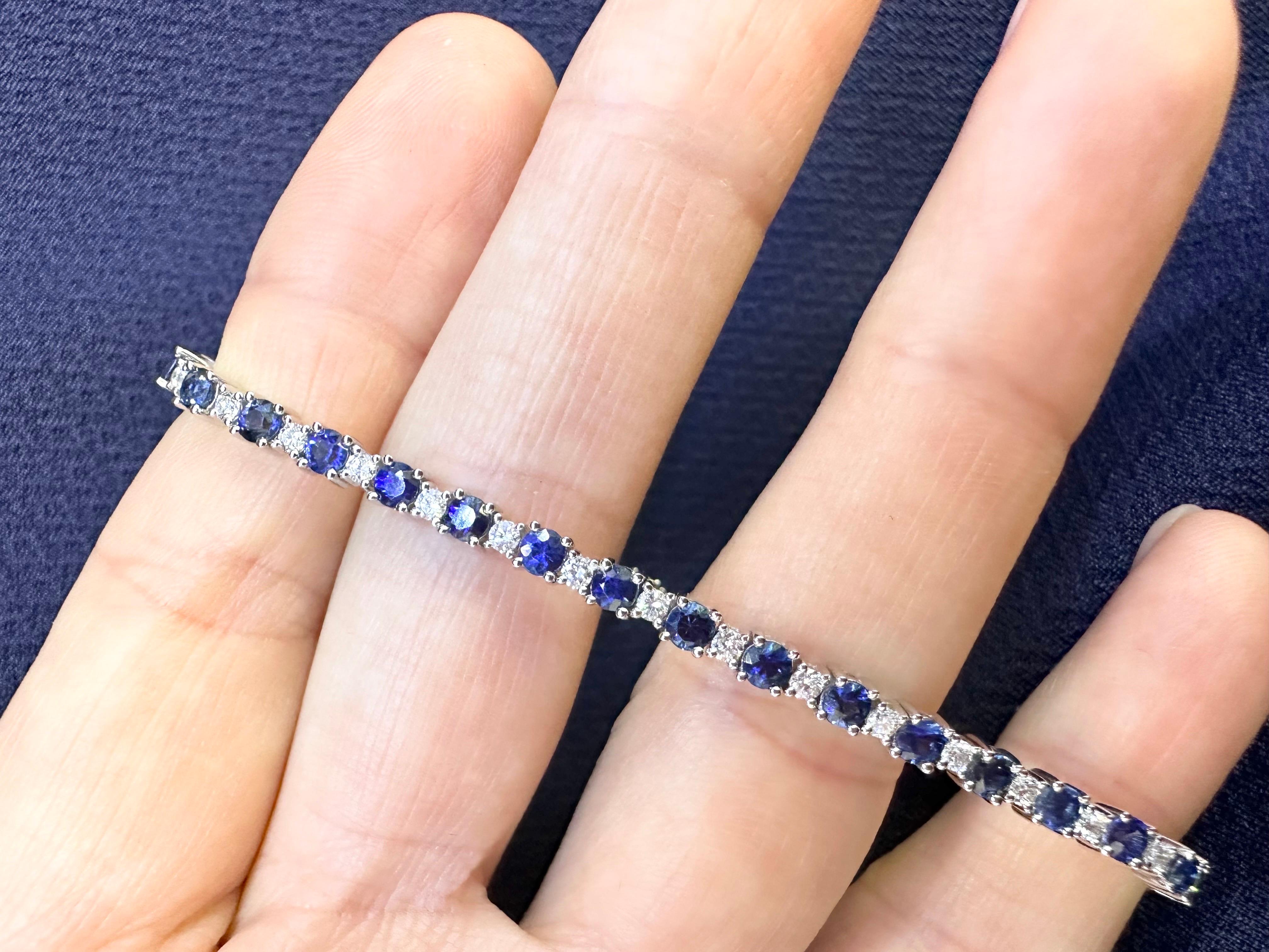 Simple and classy tennis bracelet made with fine sapphires and diamonds in 18KT white gold.

Metal Type: 18KT
Gram Weight:9.75 grams 
Size: 7 