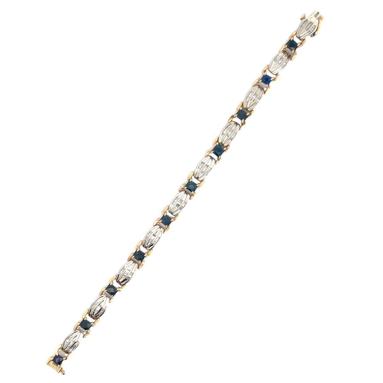 Sapphire & Diamond Bracelet.

A bracelet consisting of 10 sapphires & baguette cut diamonds set in 14 karat white & yellow gold.
Sapphire Weight: approximately 4.20 carats
Measurements: 7.25