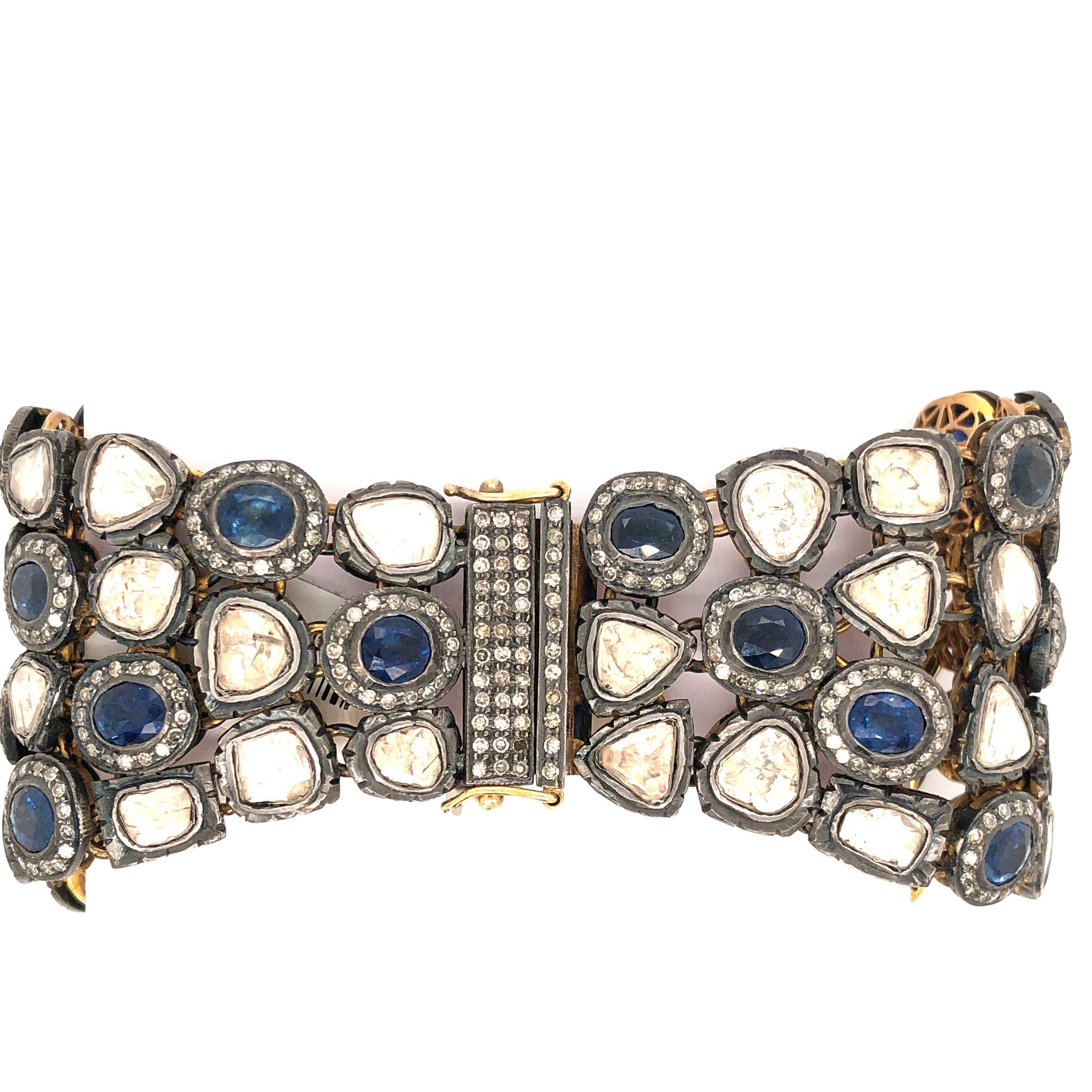 Artisan Sapphire & Polki Diamond Bracelet Made In 18k Gold For Sale