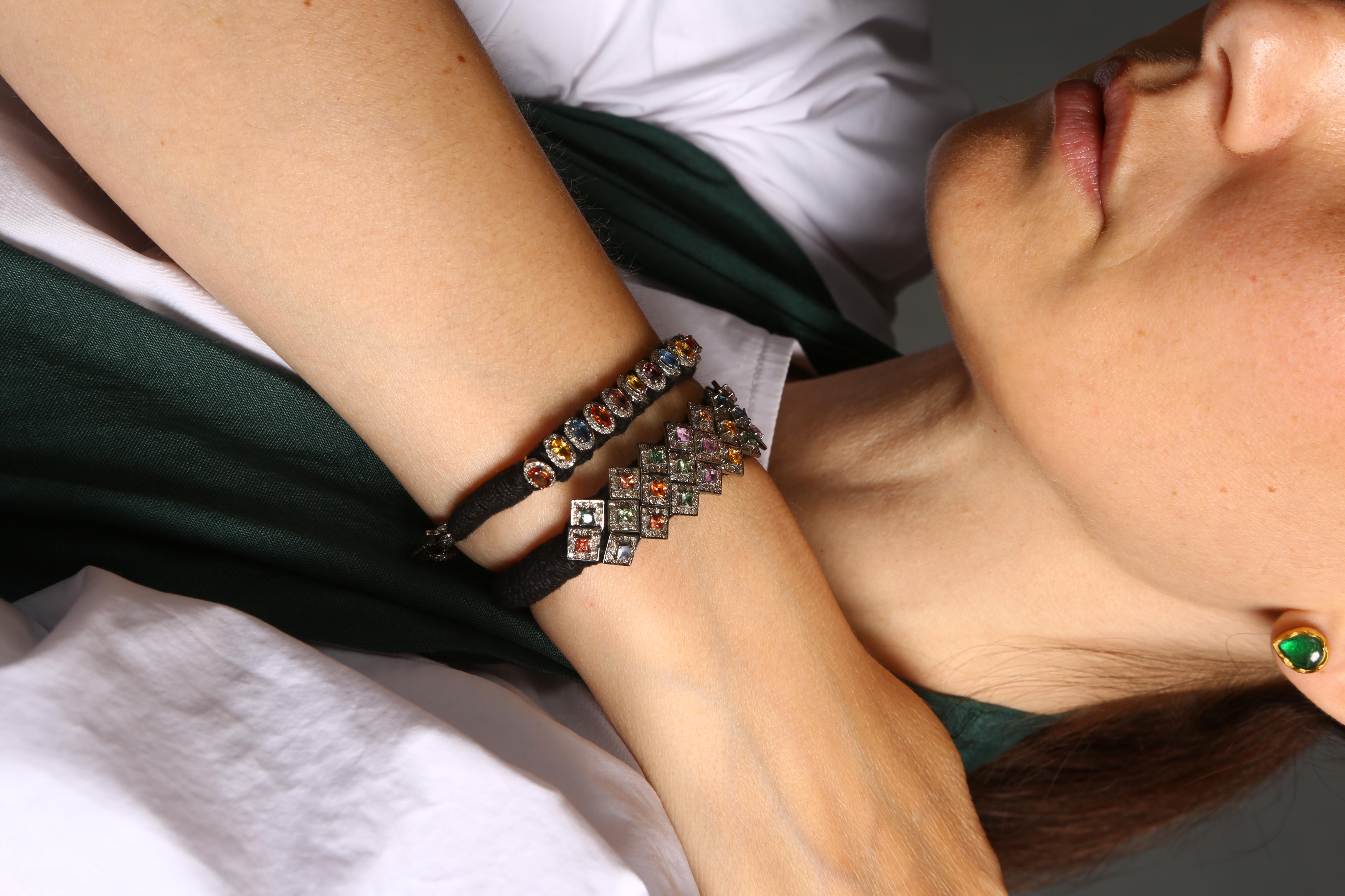 Art Nouveau Sapphire & Diamond Bracelet on Cotton & Silver