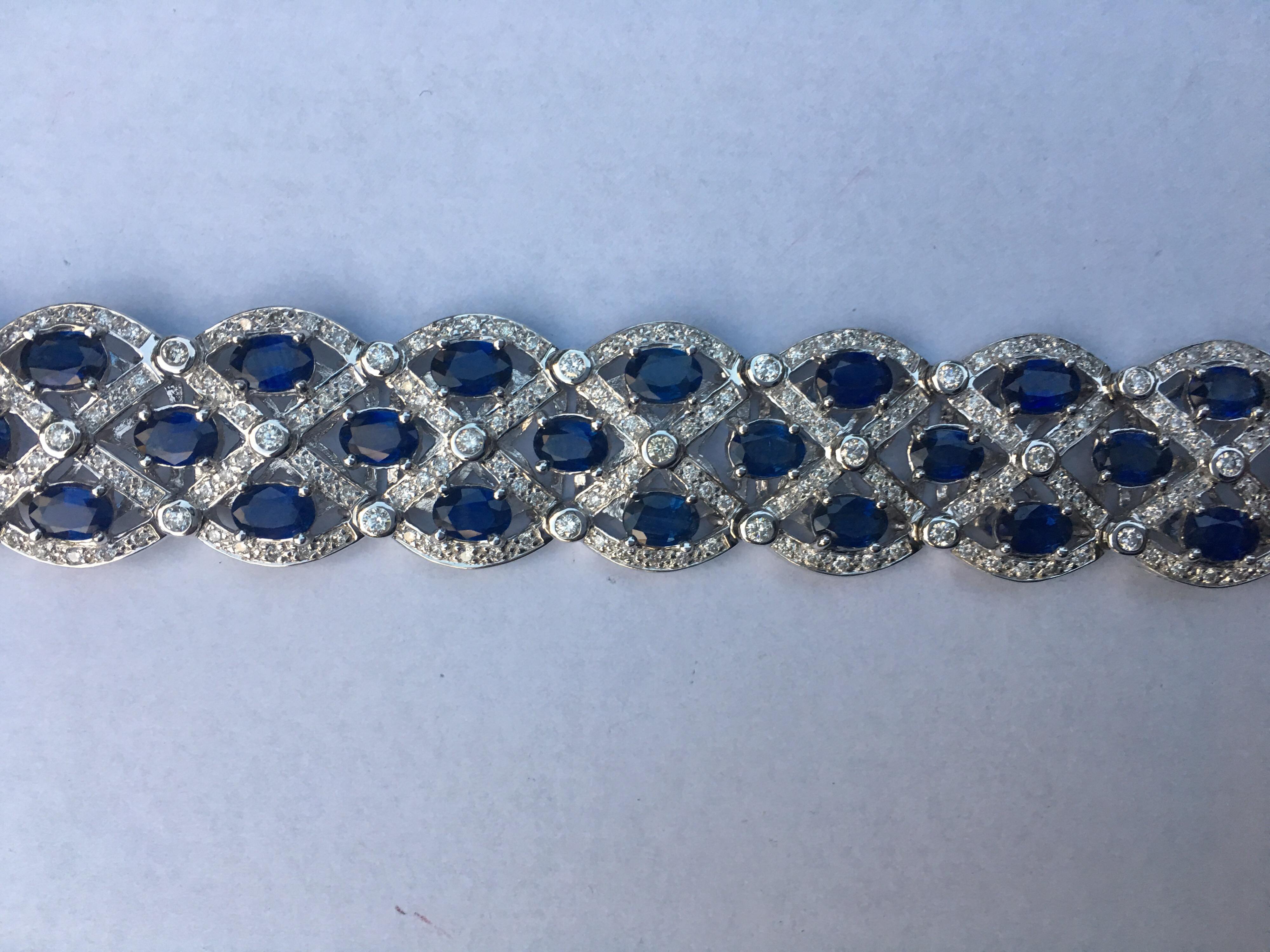 Natural Blue Sapphire and White Diamonds Bracelet set in 18K White Gold.
The Blue Sapphire weight is 22.10 Carat and White Diamond is 4.26 Carat.
The Bracelet is one of a kind hand crafted.