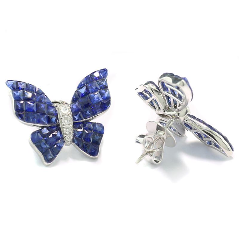 Contemporary Sapphire Diamond Butterfly Earrings, 5.26 Carats 18Kt White Gold animal motif For Sale
