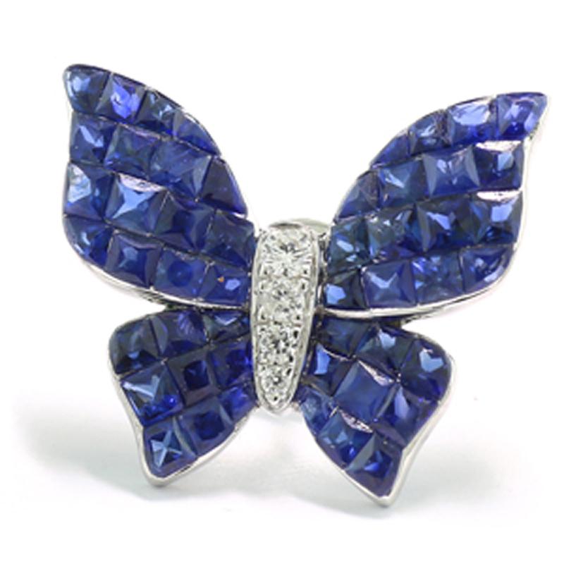 Square Cut Sapphire Diamond Butterfly Earrings, 5.26 Carats 18Kt White Gold animal motif For Sale