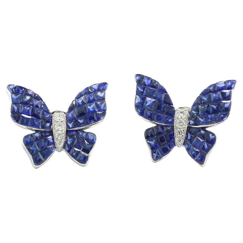 Sapphire Diamond Butterfly Earrings, 5.26 Carats 18Kt White Gold animal motif For Sale