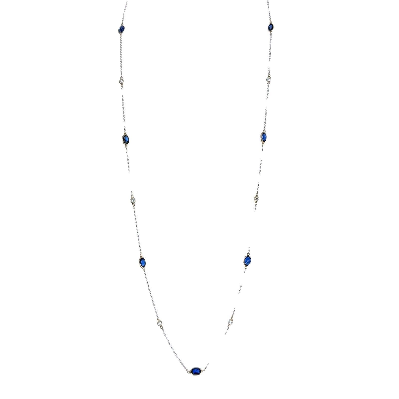 Modern Sapphire & Diamond By The Yard 14 Karat White Gold Necklace For Sale