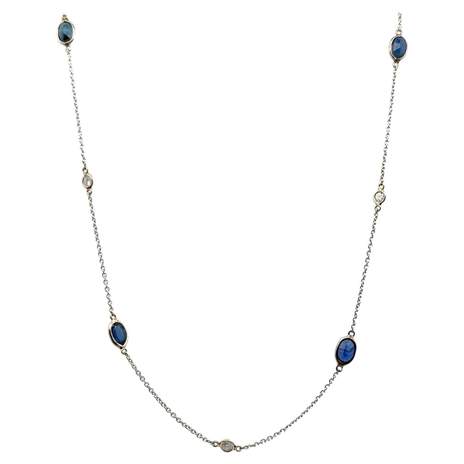 Sapphire & Diamond By The Yard 14 Karat White Gold Necklace For Sale