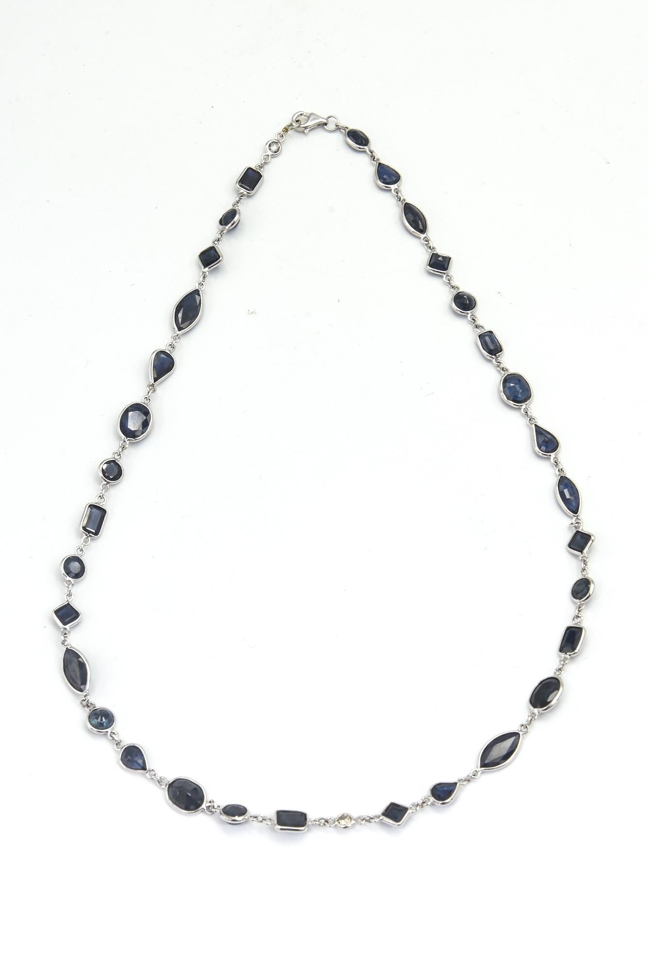 Mixed Cut Sapphire Diamond by the Yard White Gold Necklace For Sale