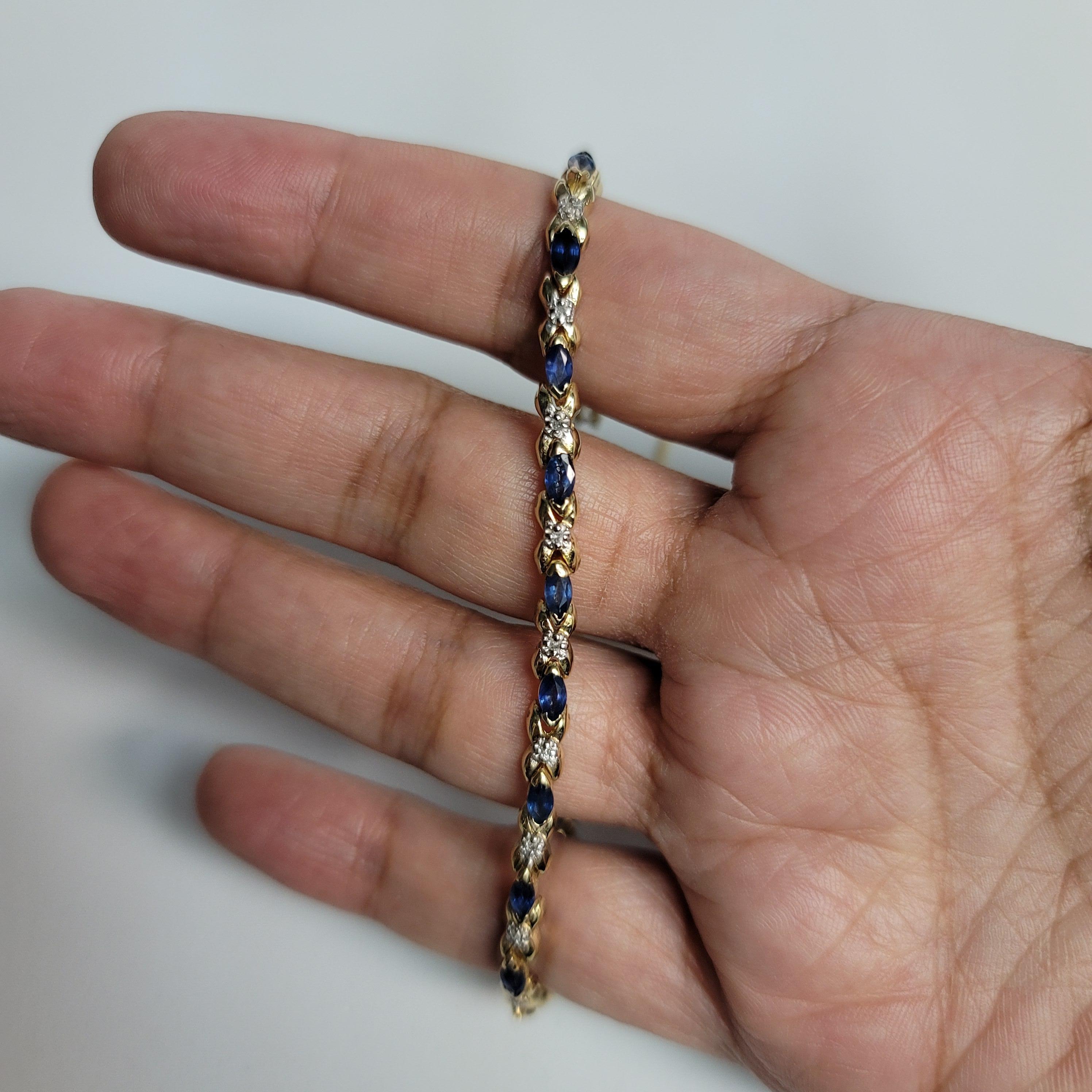 Saphir-Diamant-Kette A Link Tennisarmband 14k Gelbgold (Marquiseschliff) im Angebot
