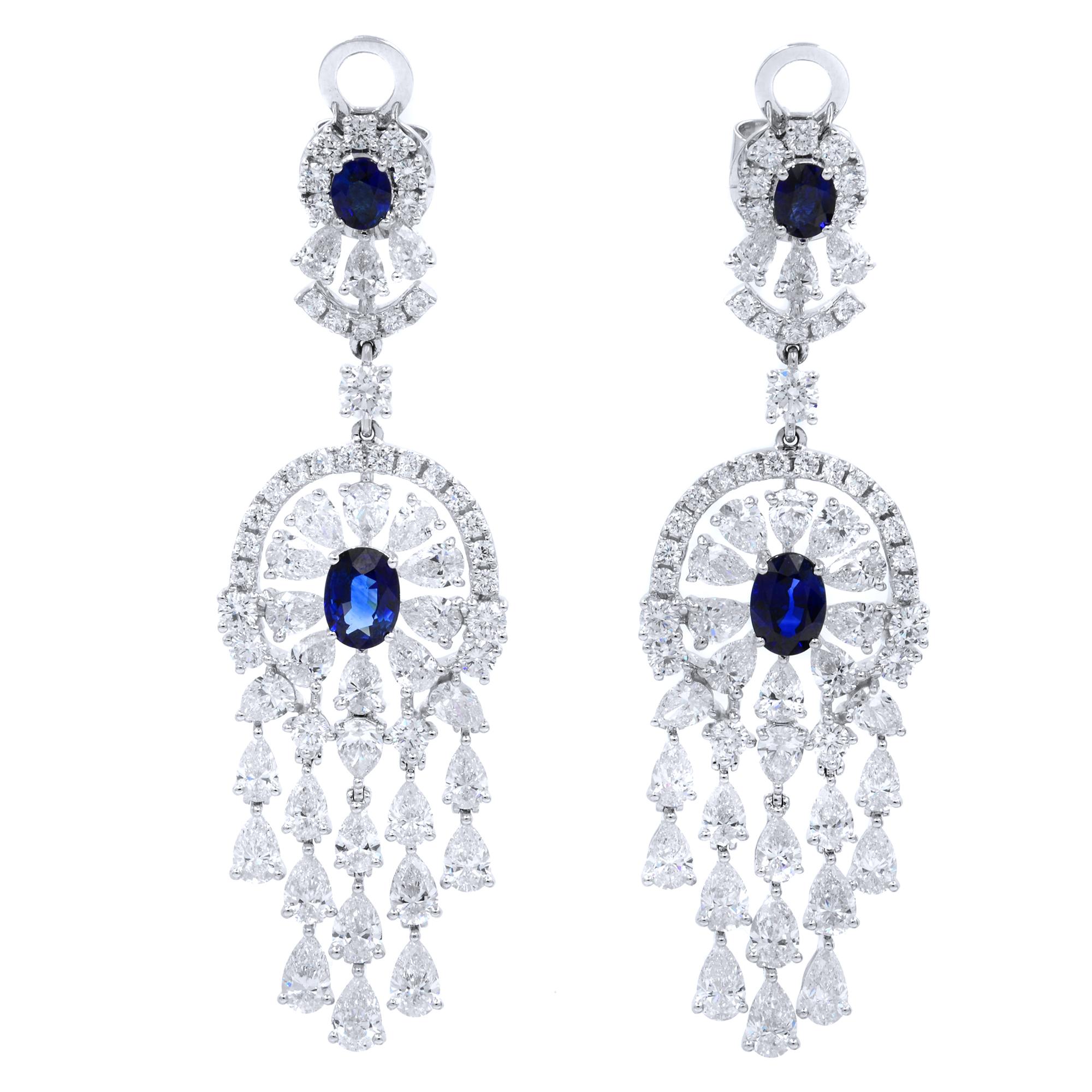 18K White Gold Sapphire Diamond Chandelier Drop Dangle Ladies Earrings 