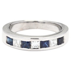 Vintage Sapphire Diamond Channel Set Wedding Band, 14KT White Gold, Ring