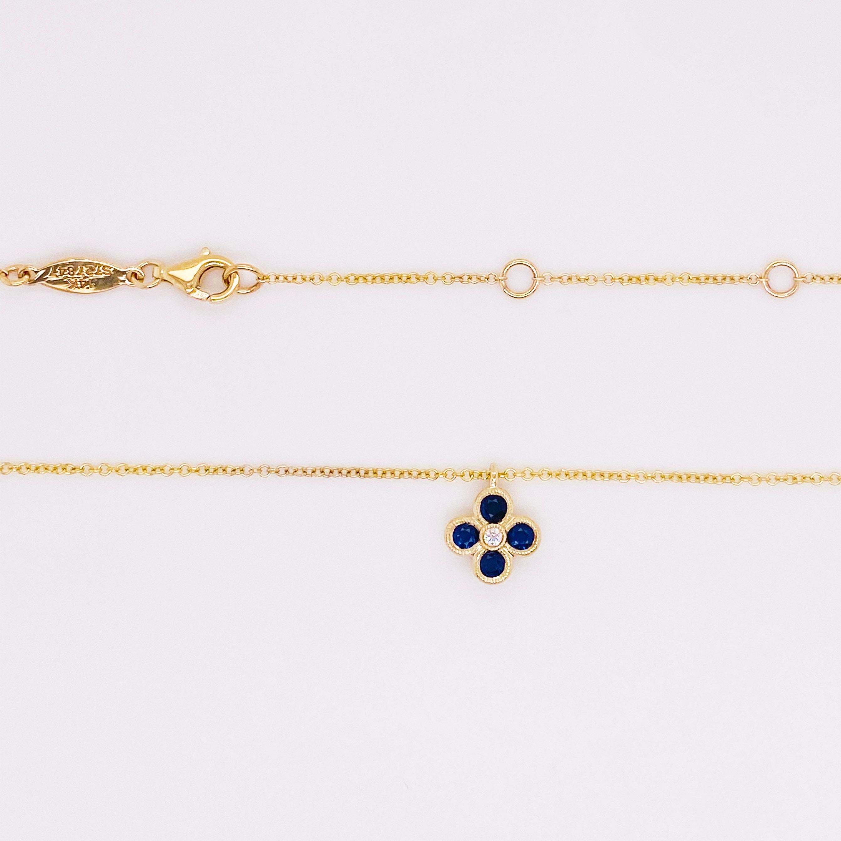 Modern Sapphire Diamond Clover Quatrefoil in 14K Yellow Gold 1/3 Carat Necklace For Sale