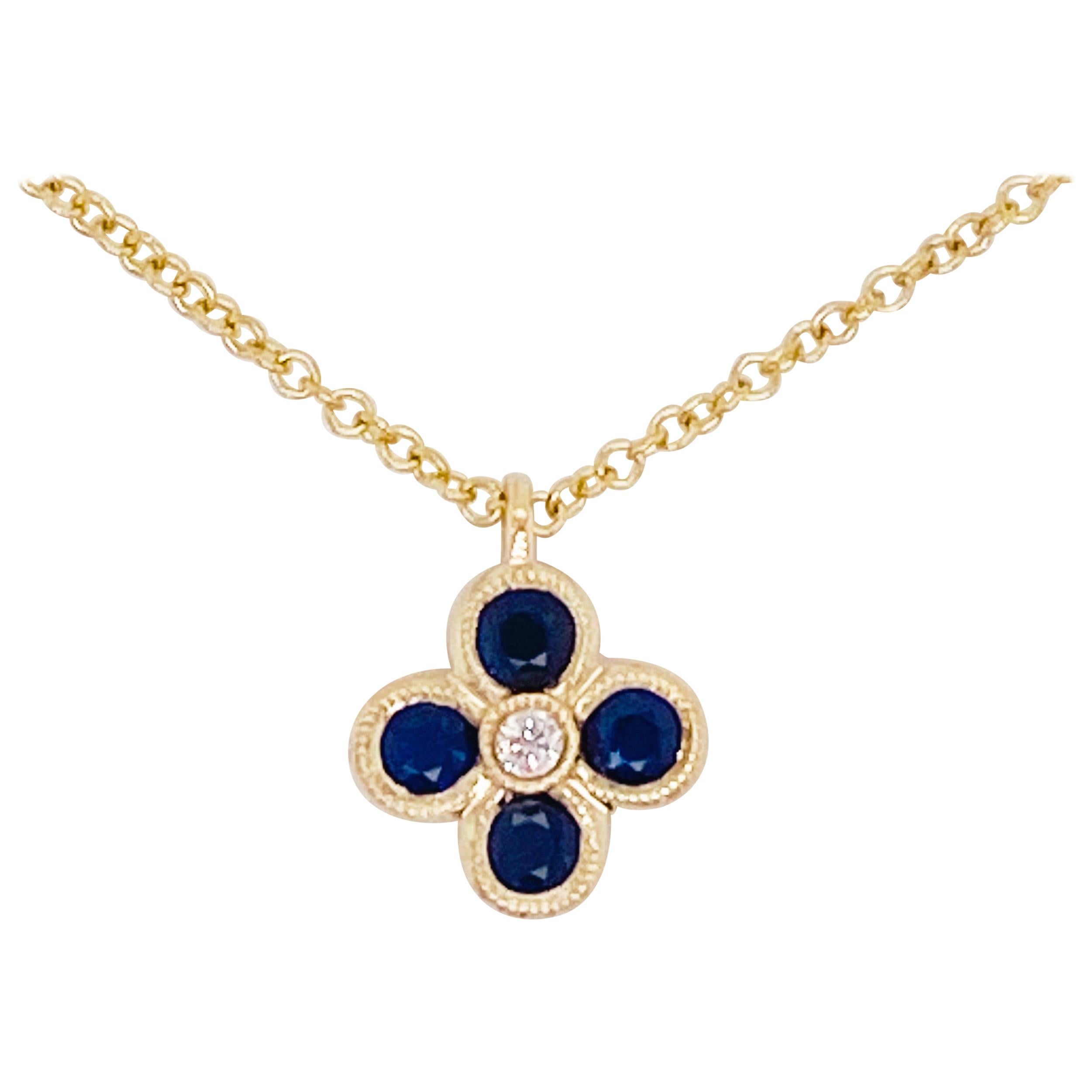 Sapphire Diamond Clover Quatrefoil in 14K Yellow Gold 1/3 Carat Necklace For Sale