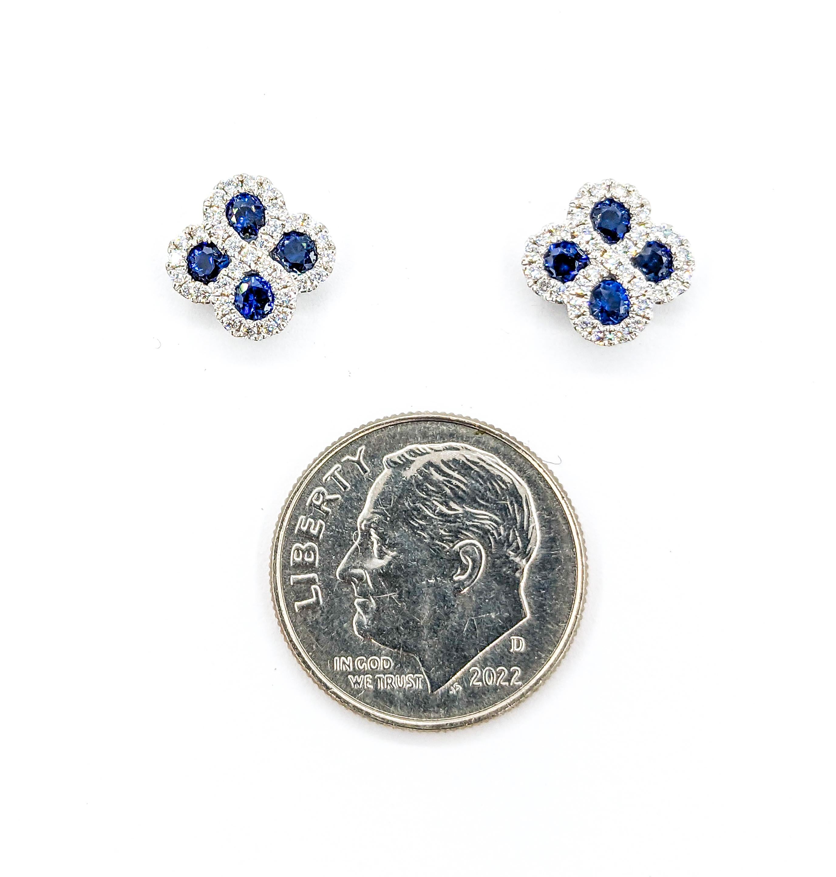 Contemporary Sapphire & Diamond Clover Shaped Stud Earrings in White Gold For Sale