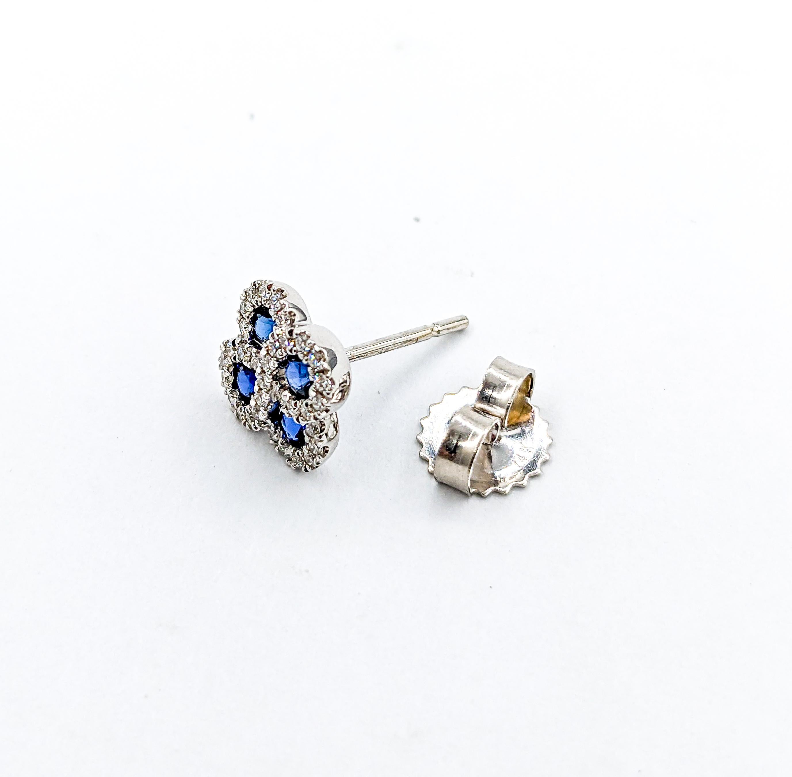 Round Cut Sapphire & Diamond Clover Shaped Stud Earrings in White Gold For Sale