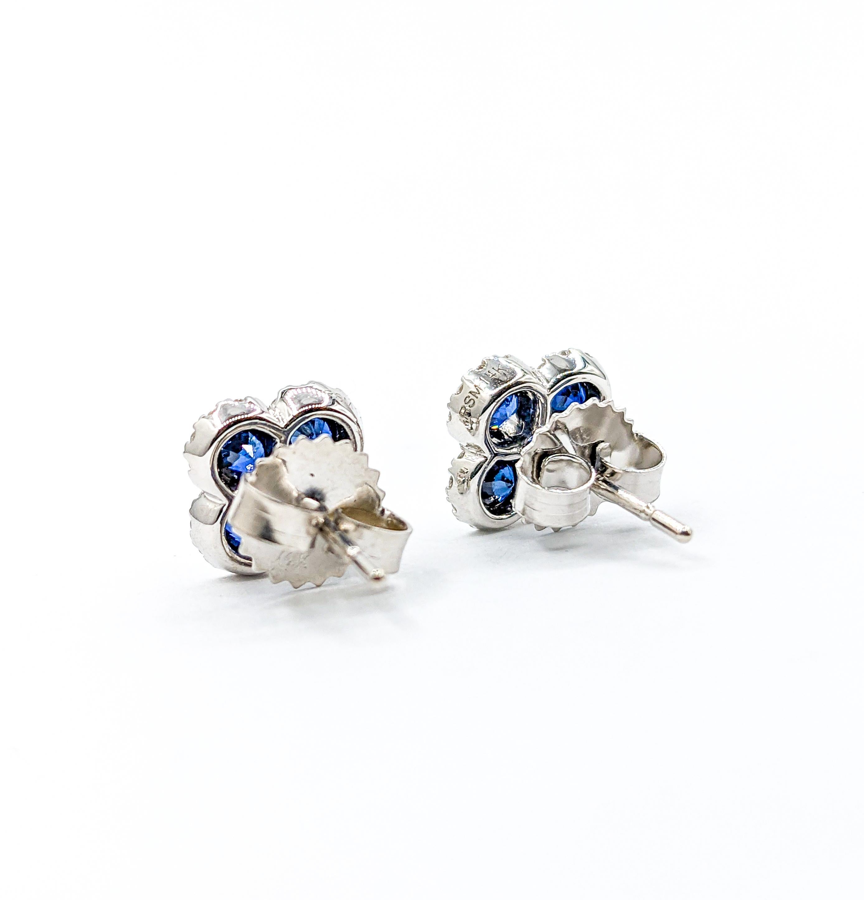 Sapphire & Diamond Clover Shaped Stud Earrings in White Gold In Excellent Condition For Sale In Bloomington, MN