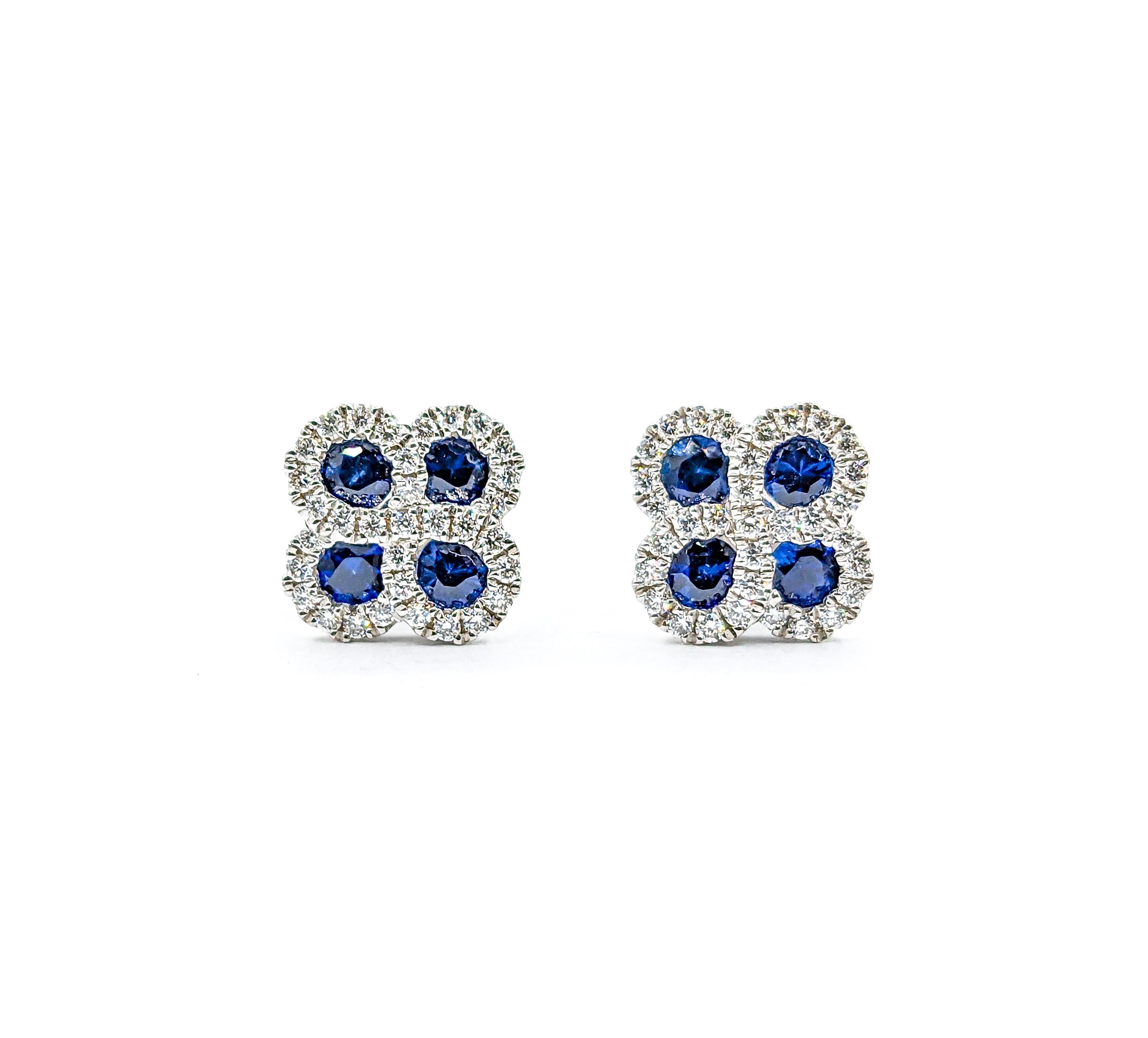 Women's Sapphire & Diamond Clover Shaped Stud Earrings in White Gold For Sale