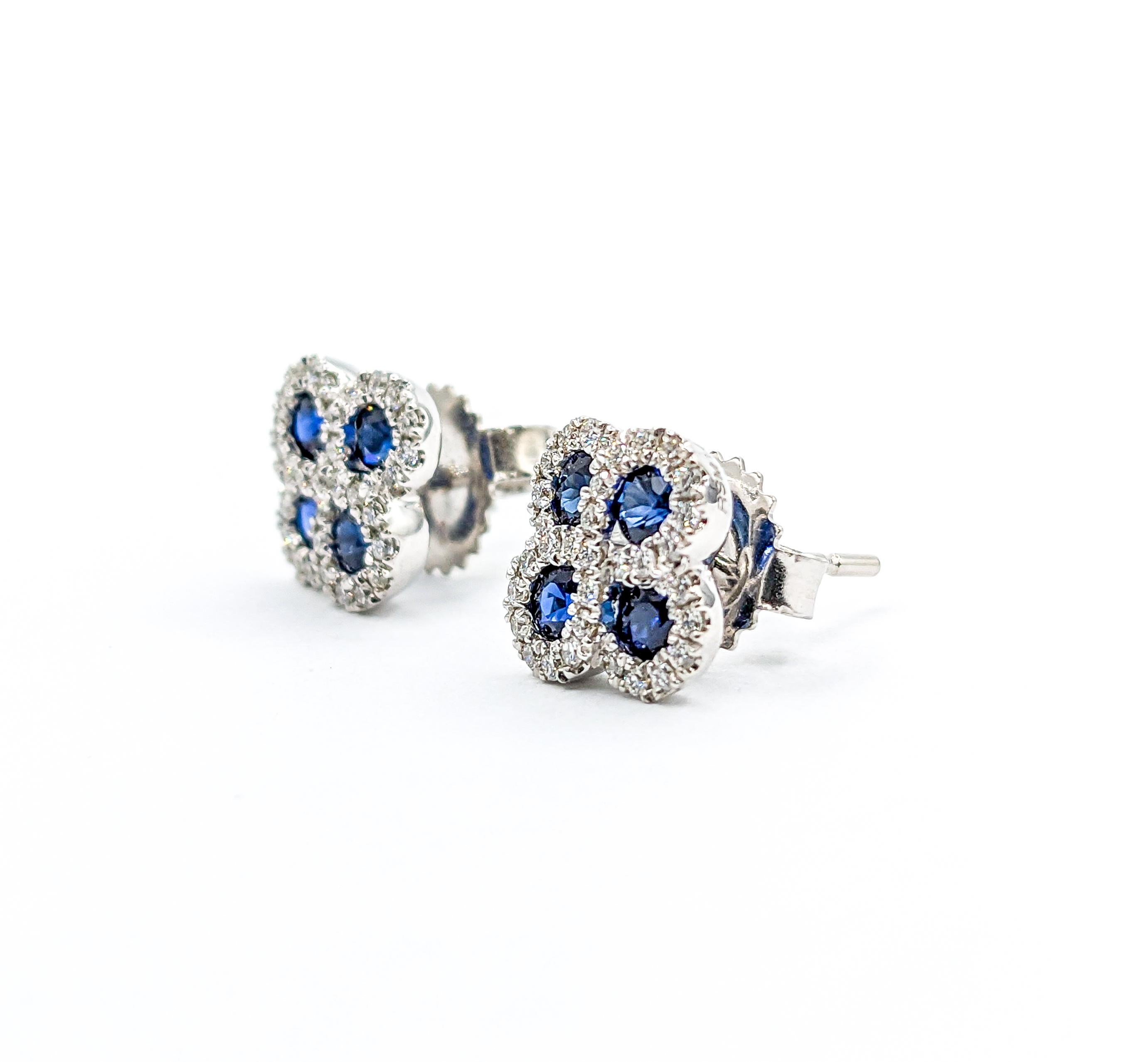 Sapphire & Diamond Clover Shaped Stud Earrings in White Gold For Sale 1