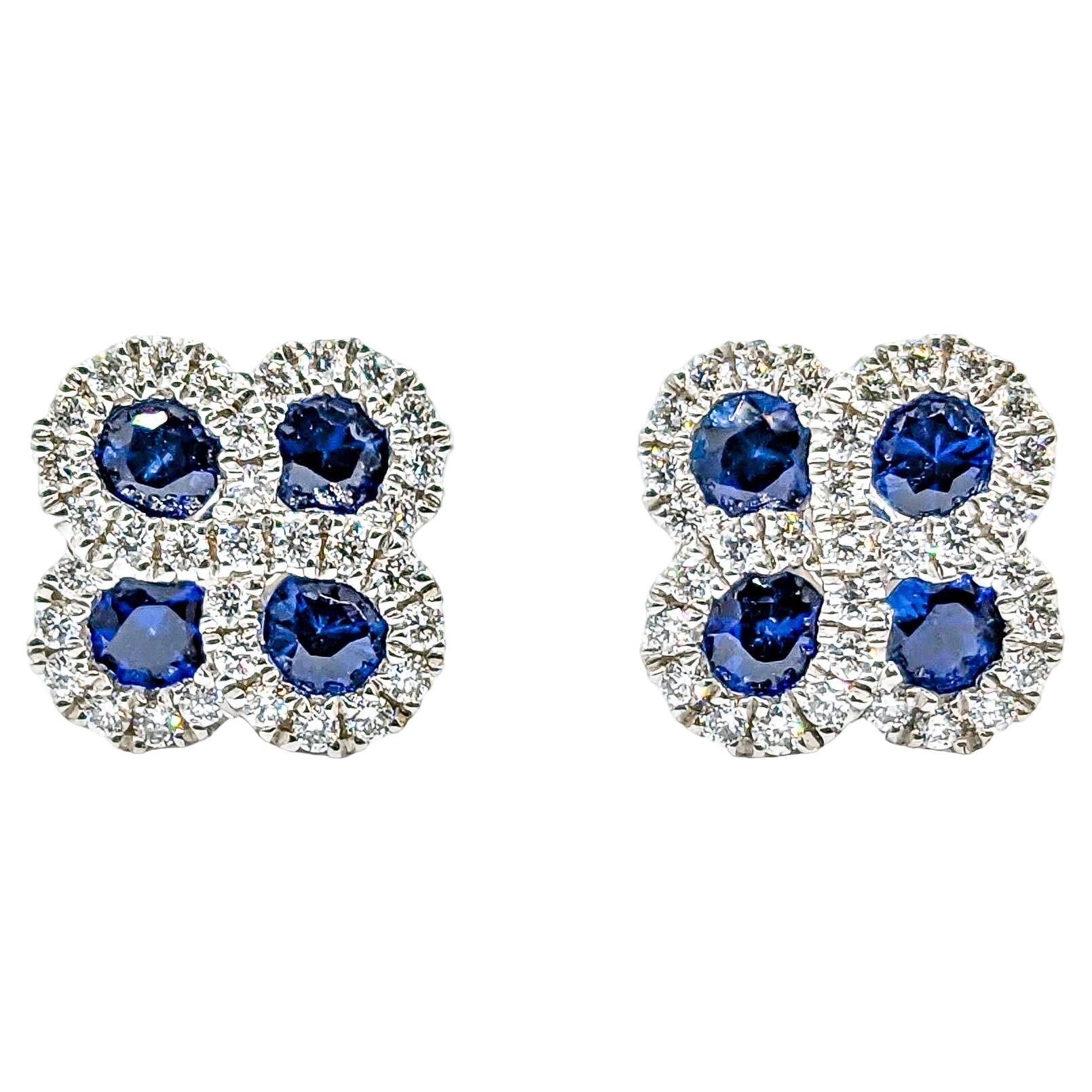 Sapphire & Diamond Clover Shaped Stud Earrings in White Gold For Sale
