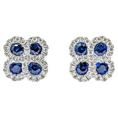 Sapphire & Diamond Clover Shaped Stud Earrings in White Gold