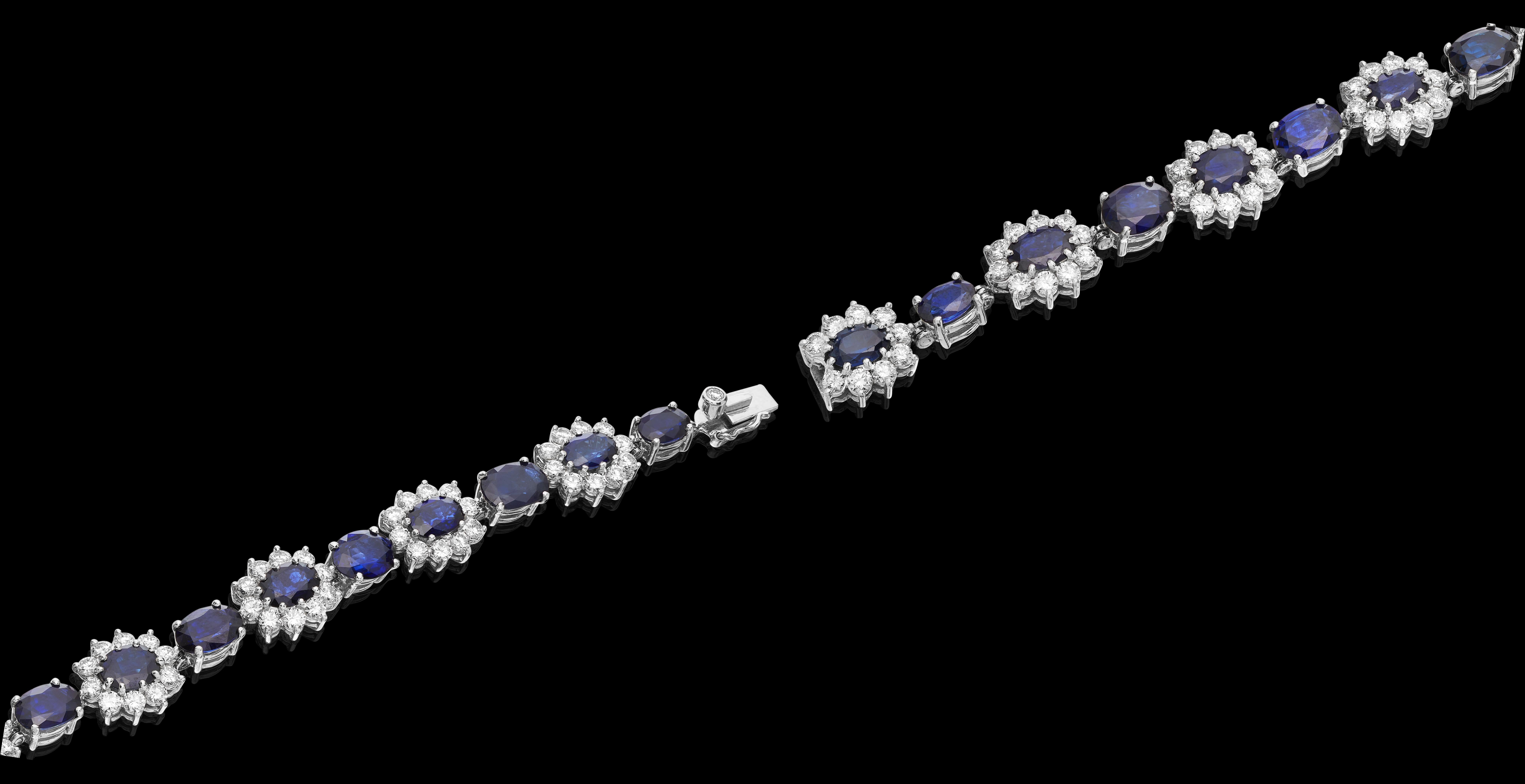 Oval Cut Sapphire and Diamond Cluster Bracelet in 18ct White Gold For Sale