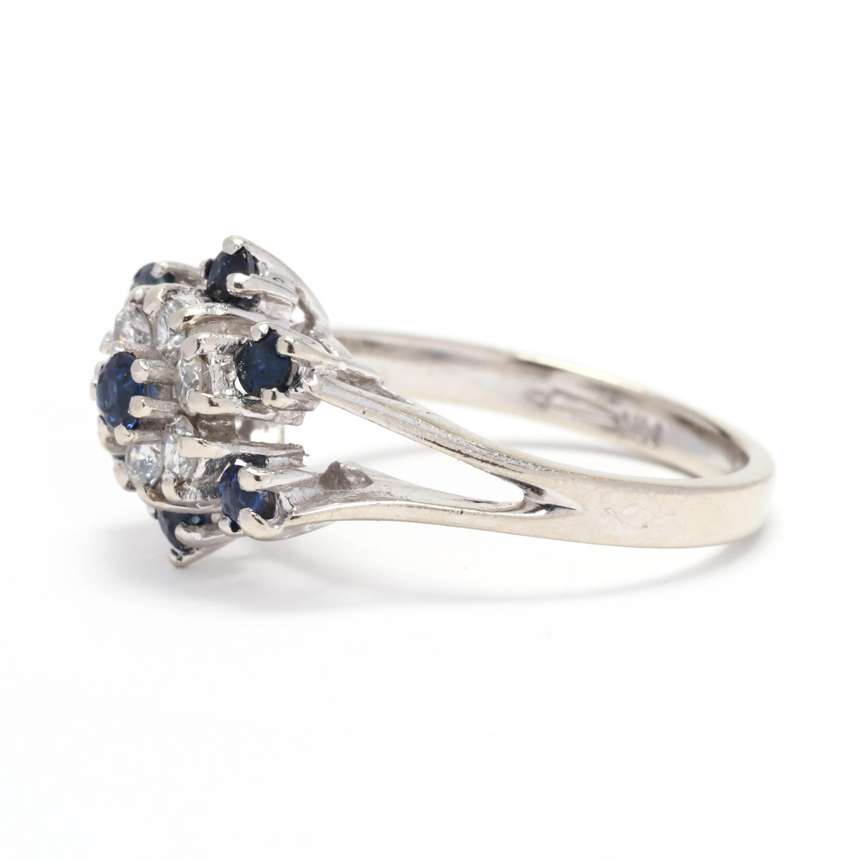 Sapphire Diamond Cluster Cocktail Ring, 14K White Gold, Ring Size 6 In Good Condition In McLeansville, NC