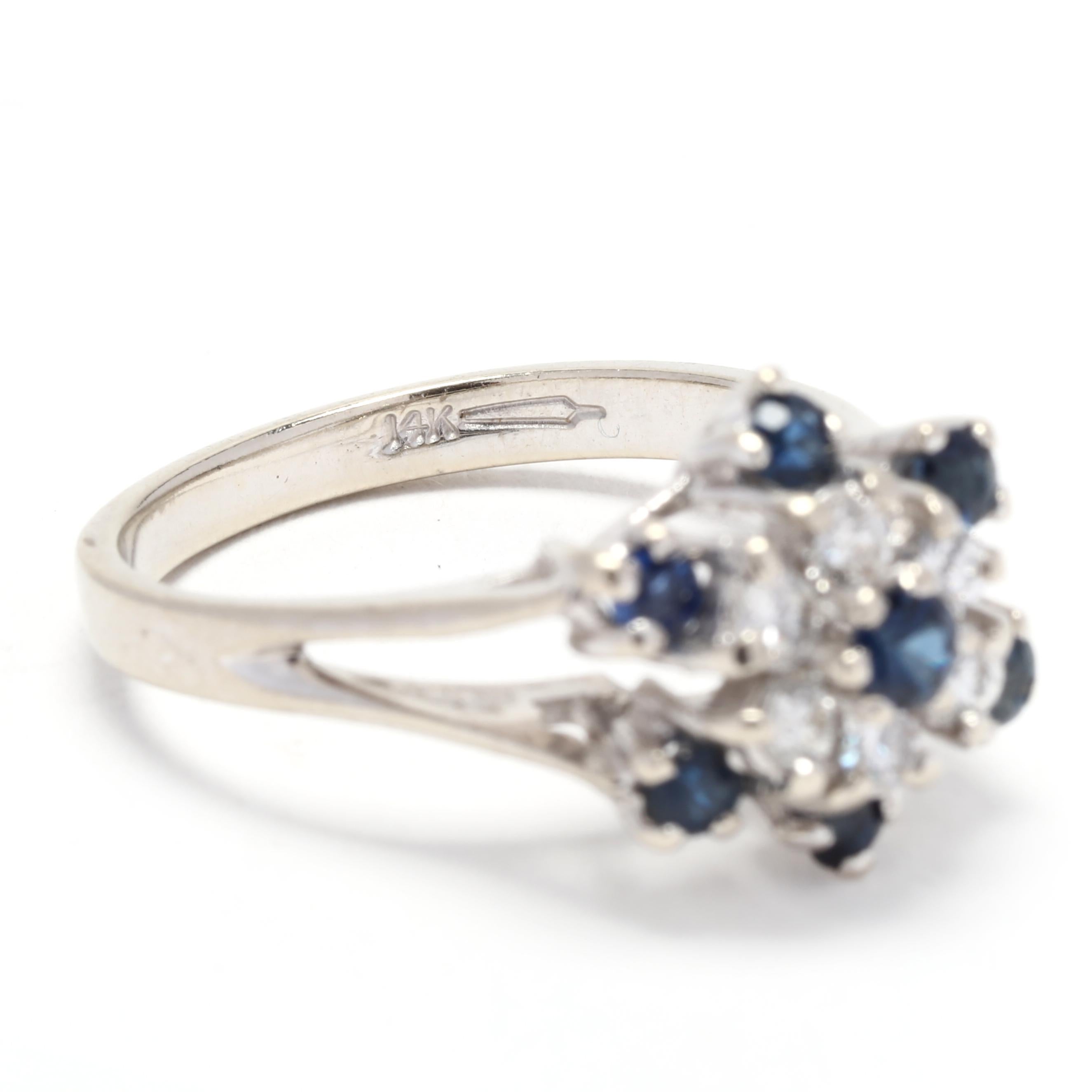 Women's or Men's Sapphire Diamond Cluster Cocktail Ring, 14K White Gold, Ring Size 6 For Sale