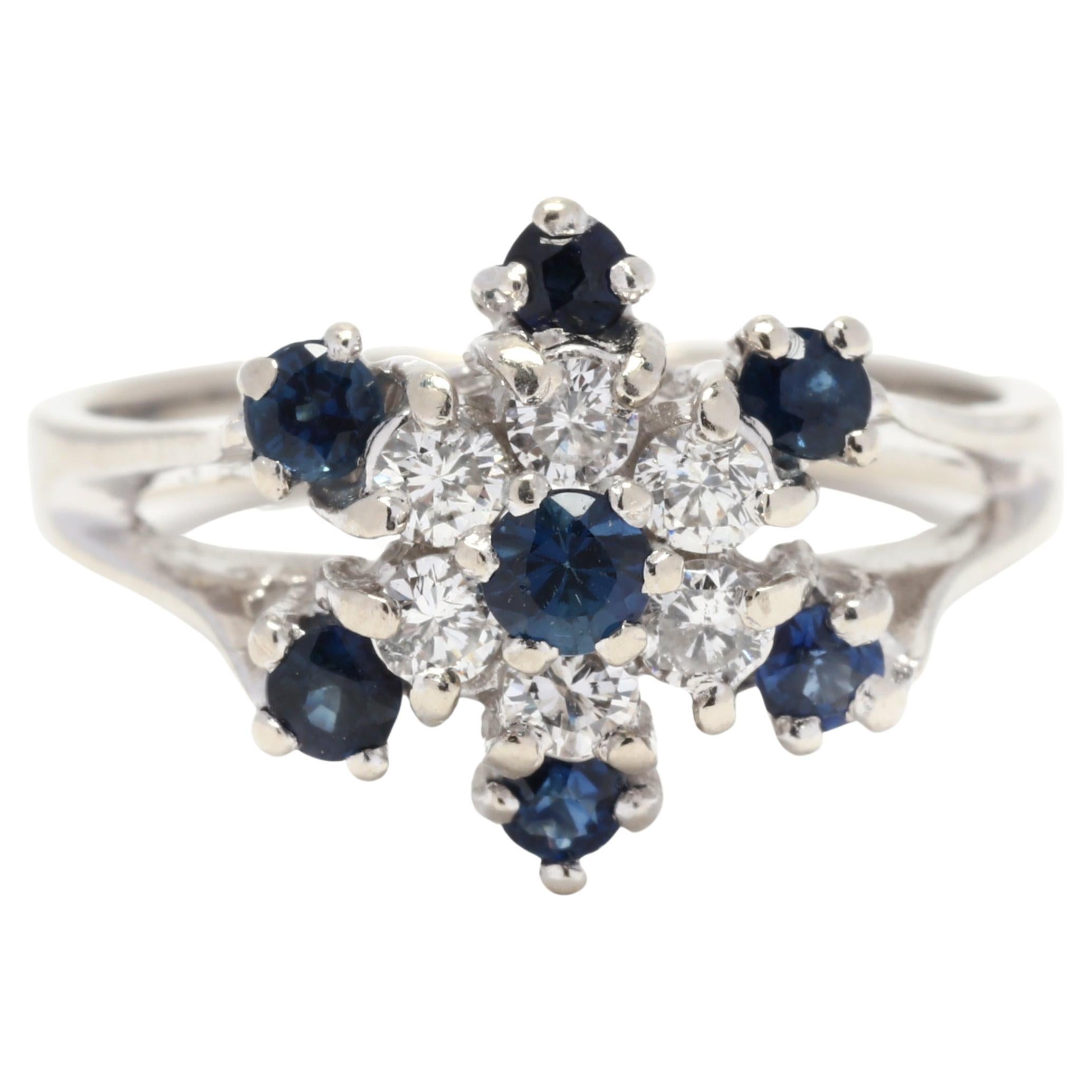 Sapphire Diamond Cluster Cocktail Ring, 14K White Gold, Ring Size 6 For Sale