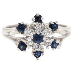 Sapphire Diamond Cluster Cocktail Ring, 14K White Gold, Ring Size 6