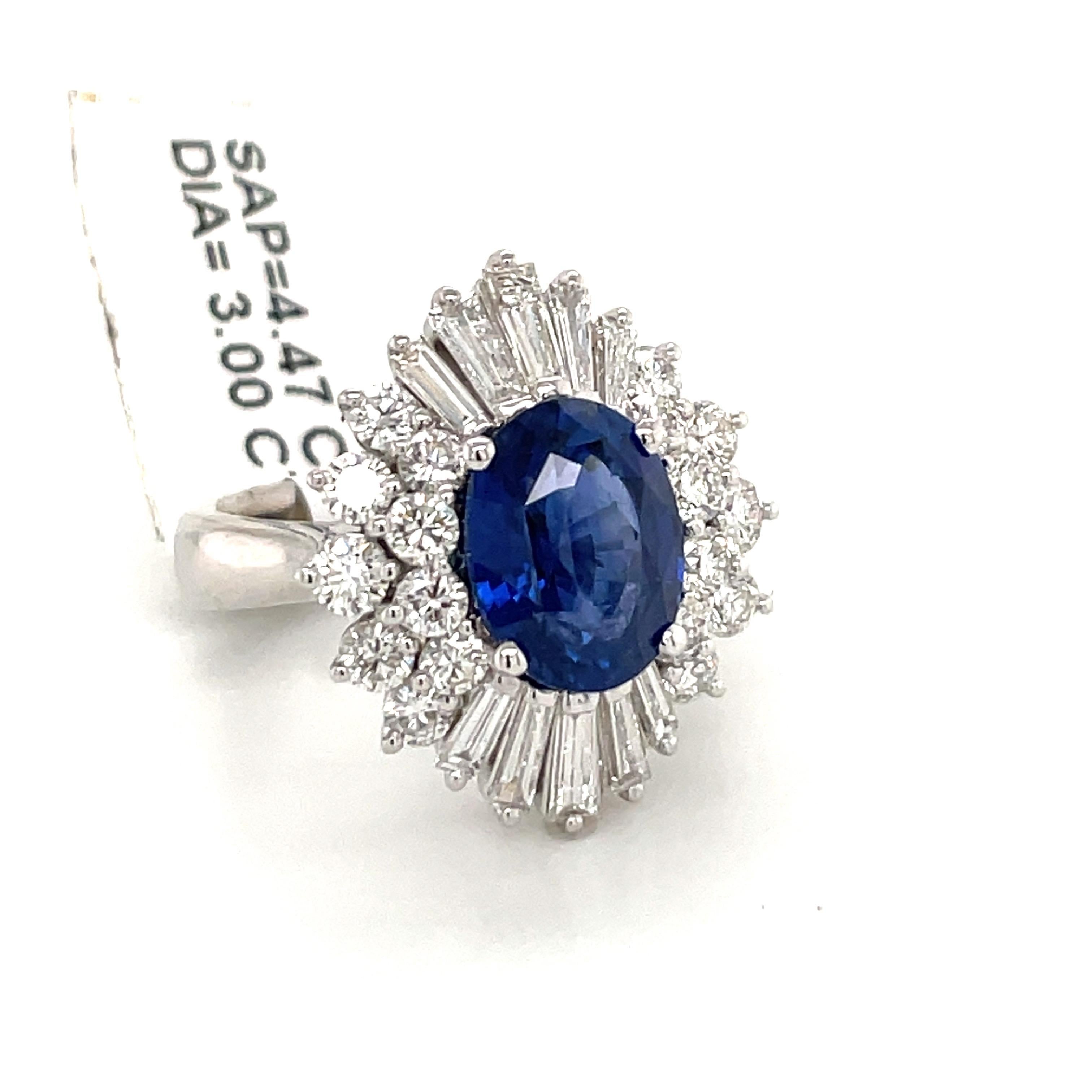 Impressive cluster earrings featuring a gorgeous oval shape blue Sapphires weighing 4.47 carats flanked with a cluster of round brilliants and tapered baguettes weighing 3 carats.
Color G-H
Clarity VS-SI

Gorgeous Sapphire color.
Ring Is Sizeable. 