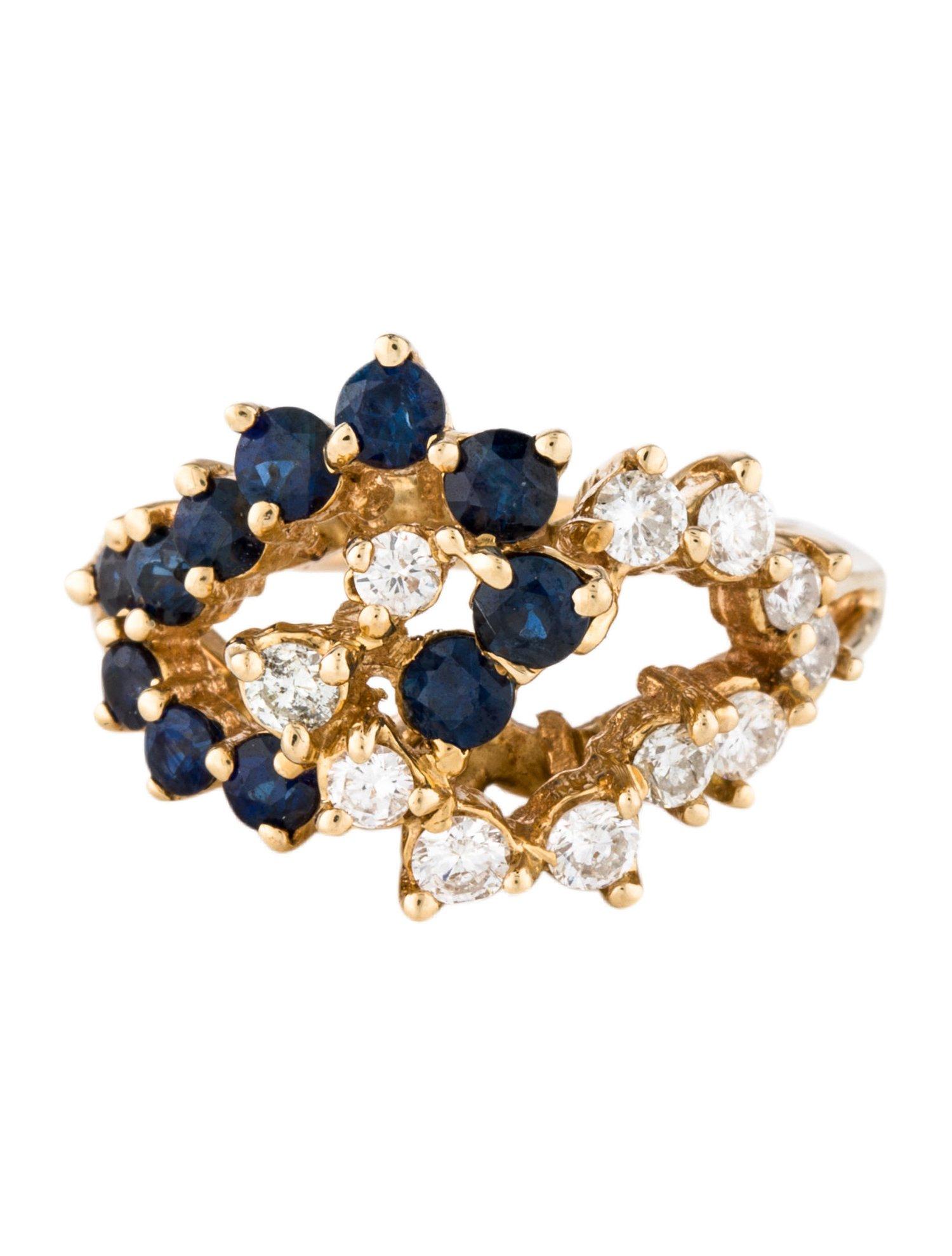 Round Cut Sapphire Diamond Cluster Cocktail Ring Yellow Gold Vintage Estate Jewelry
