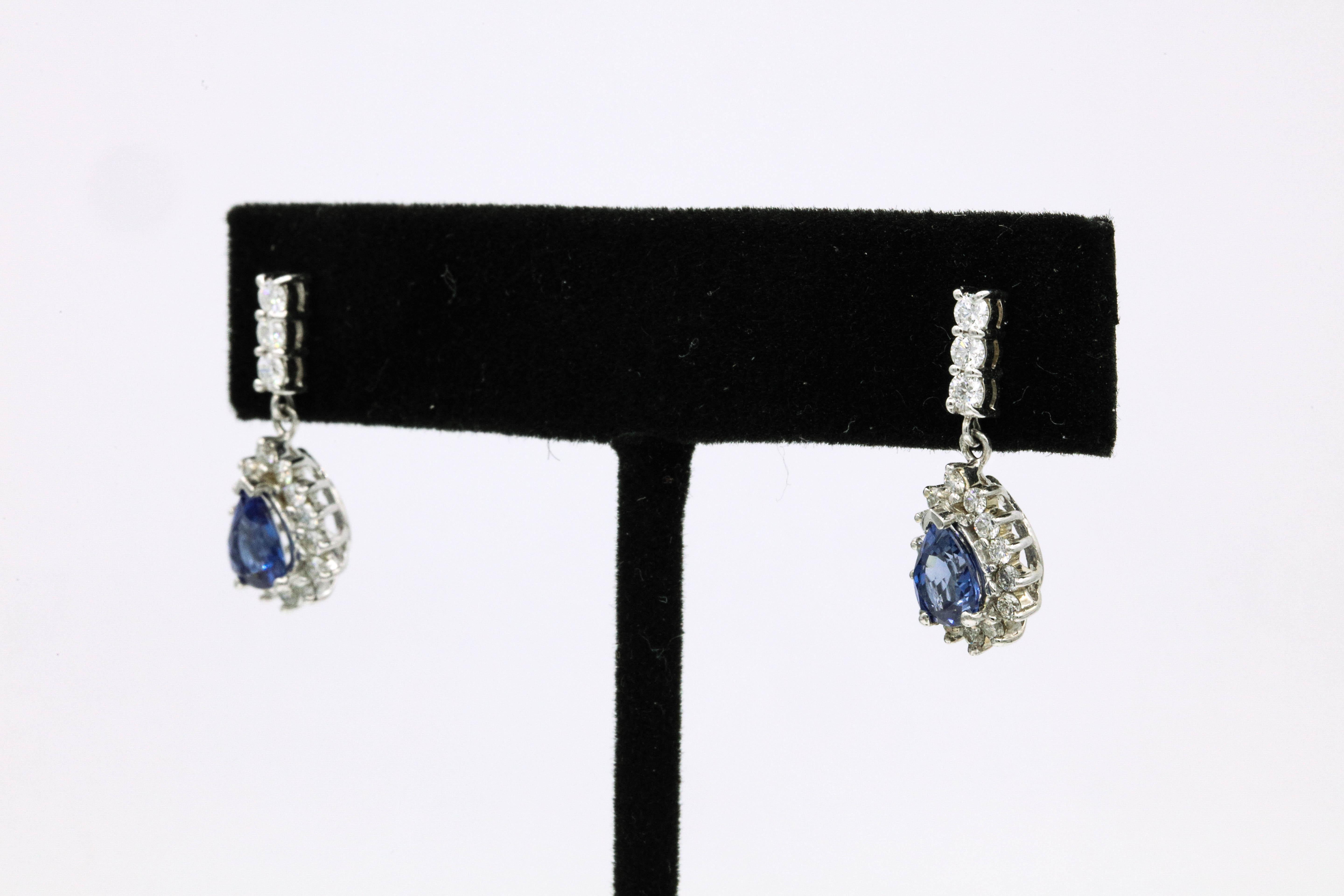 Sapphire Diamond Cluster Drop Earrings 2.33 Carat 18 Karat White Gold In New Condition In New York, NY