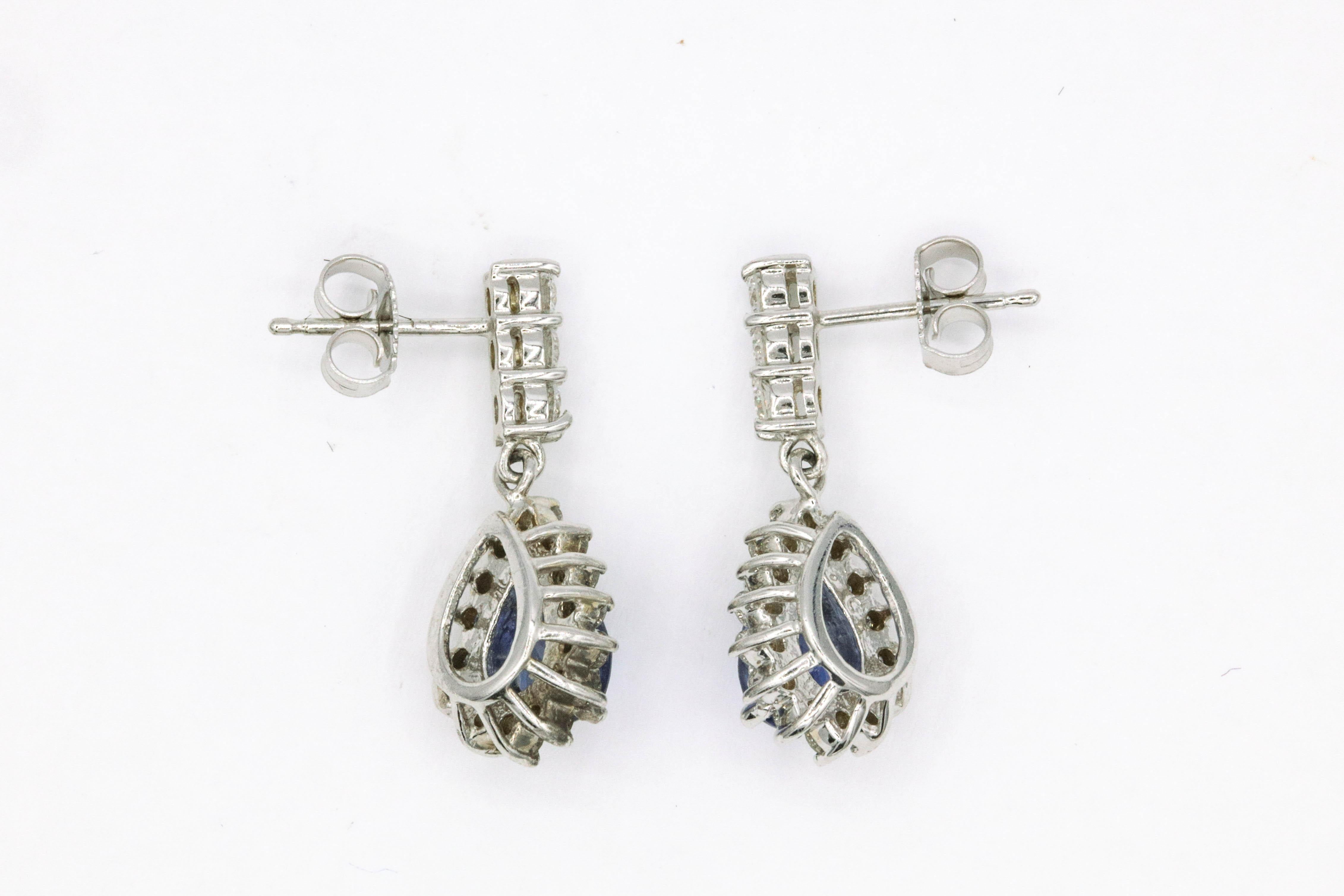 Women's Sapphire Diamond Cluster Drop Earrings 2.33 Carat 18 Karat White Gold