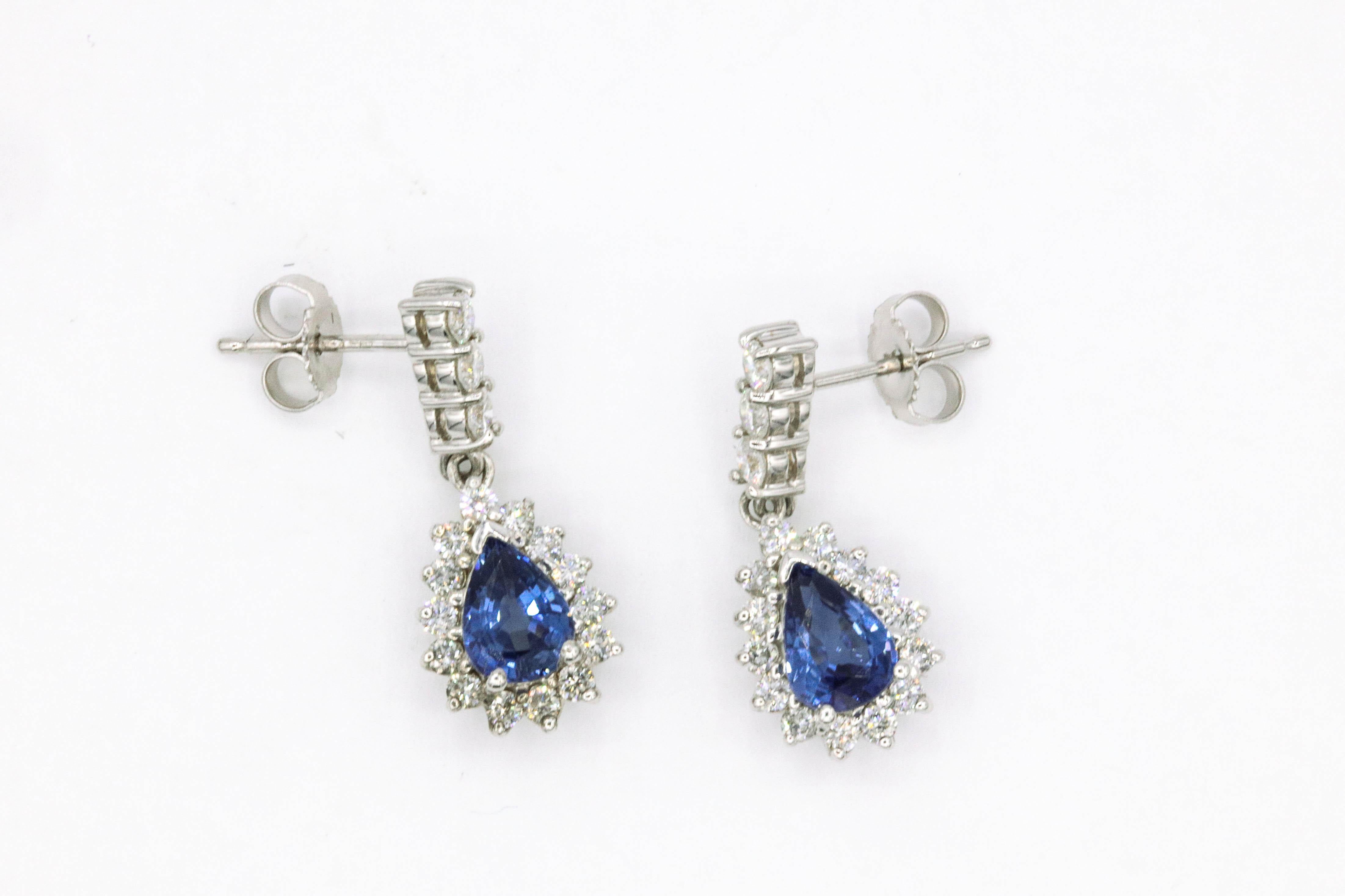 Sapphire Diamond Cluster Drop Earrings 2.33 Carat 18 Karat White Gold 1