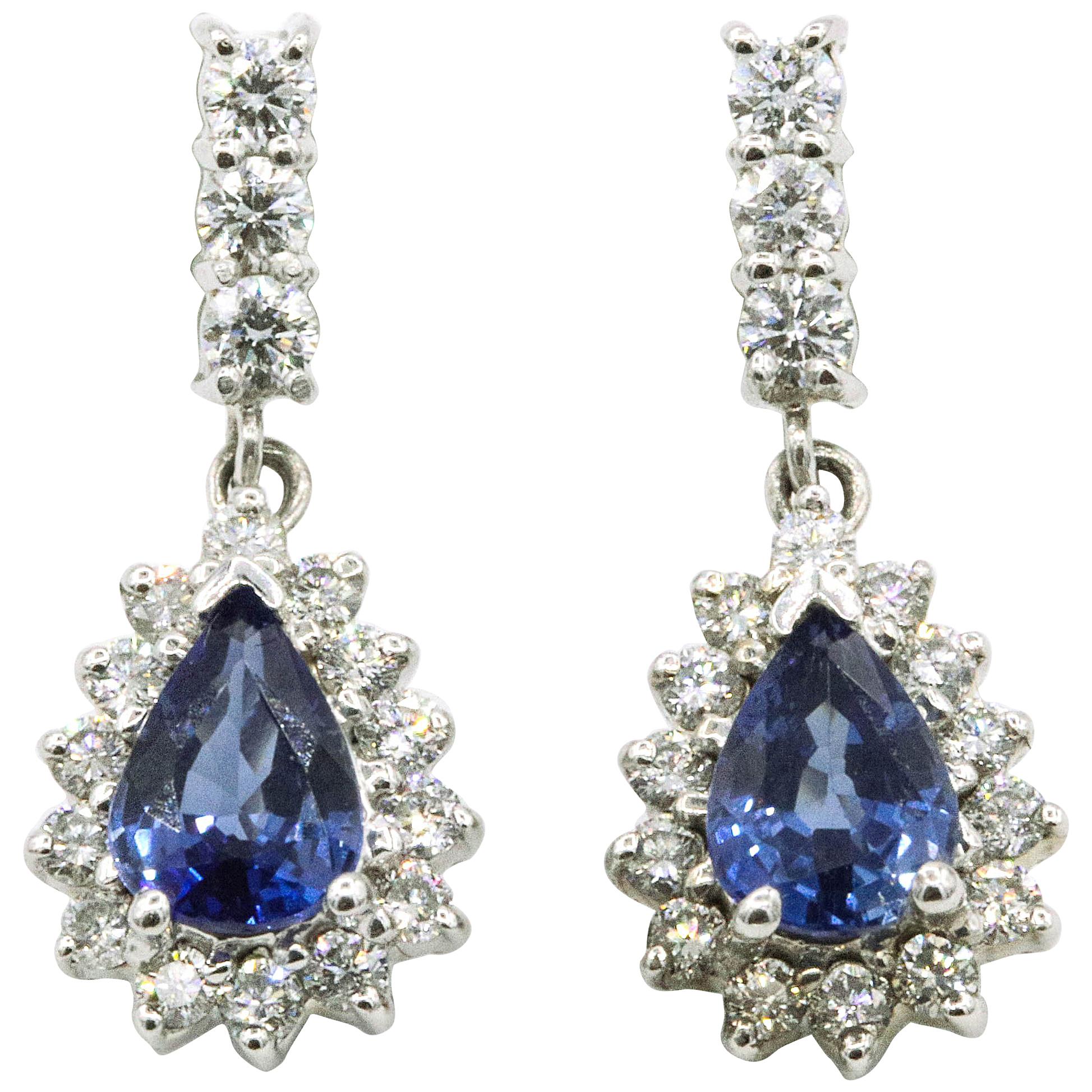 Sapphire Diamond Cluster Drop Earrings 2.33 Carat 18 Karat White Gold