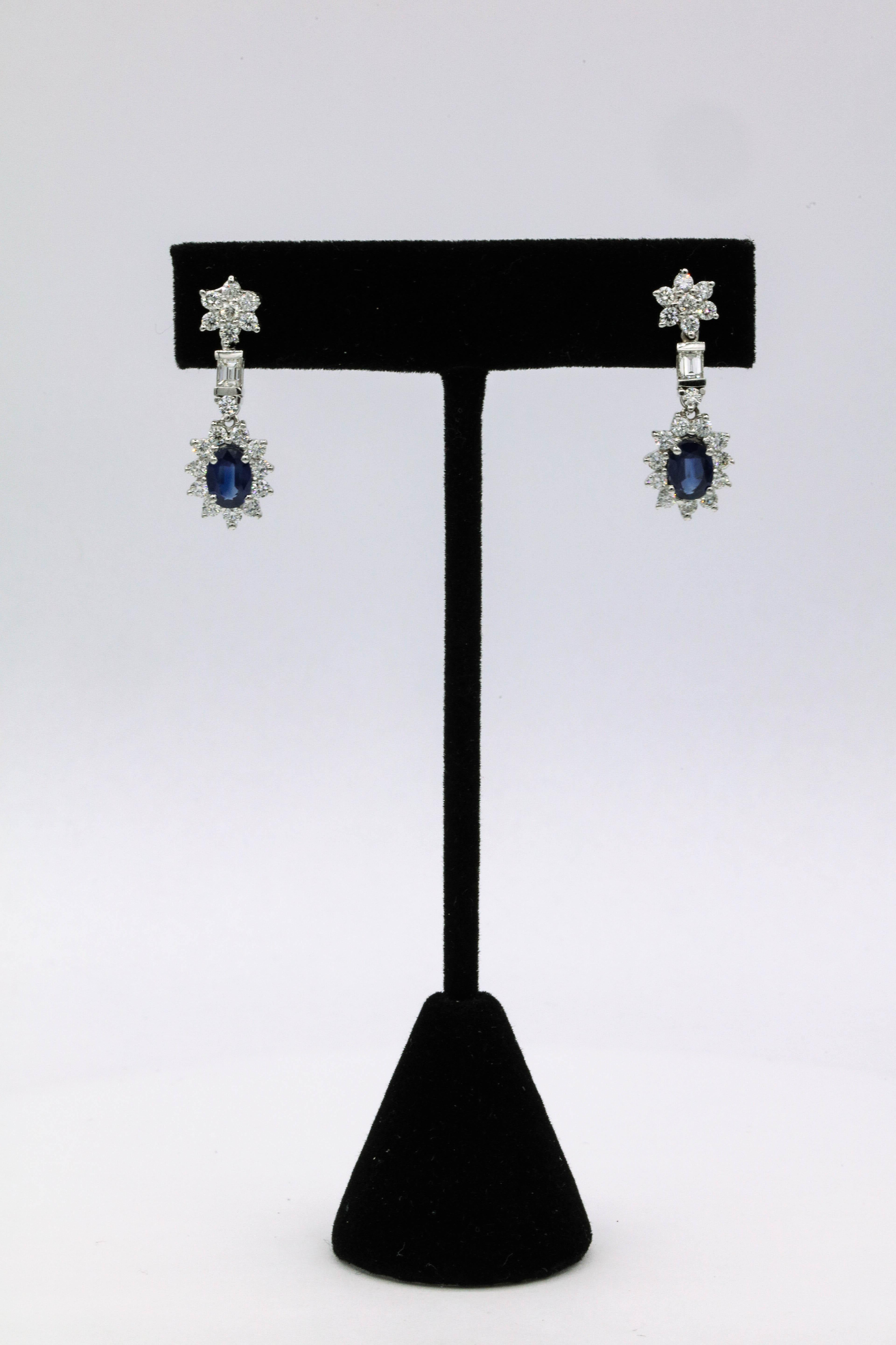 Contemporary Sapphire Diamond Cluster Drop Earrings 3.63 Carat 18 Karat White Gold
