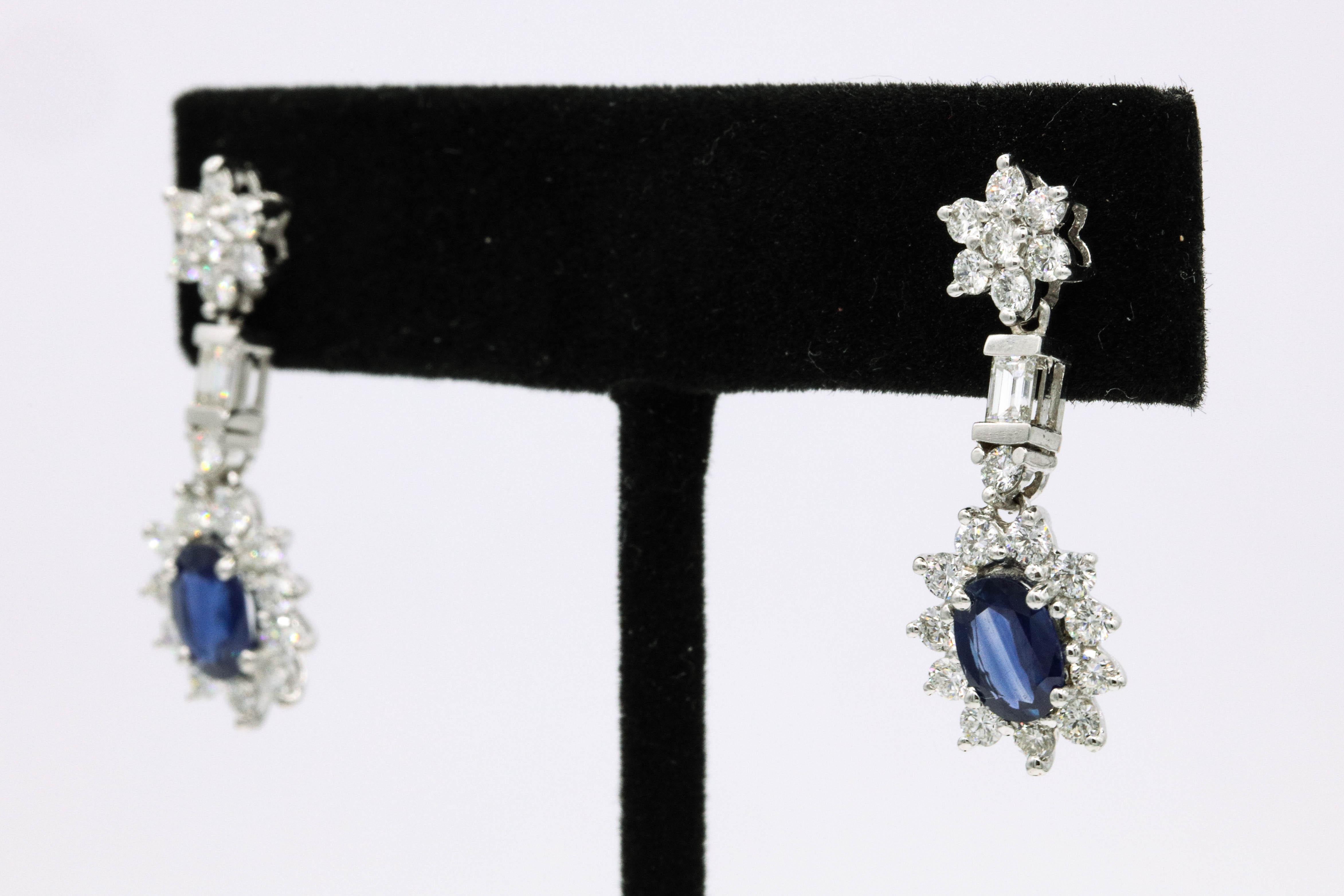 Sapphire Diamond Cluster Drop Earrings 3.63 Carat 18 Karat White Gold In New Condition In New York, NY