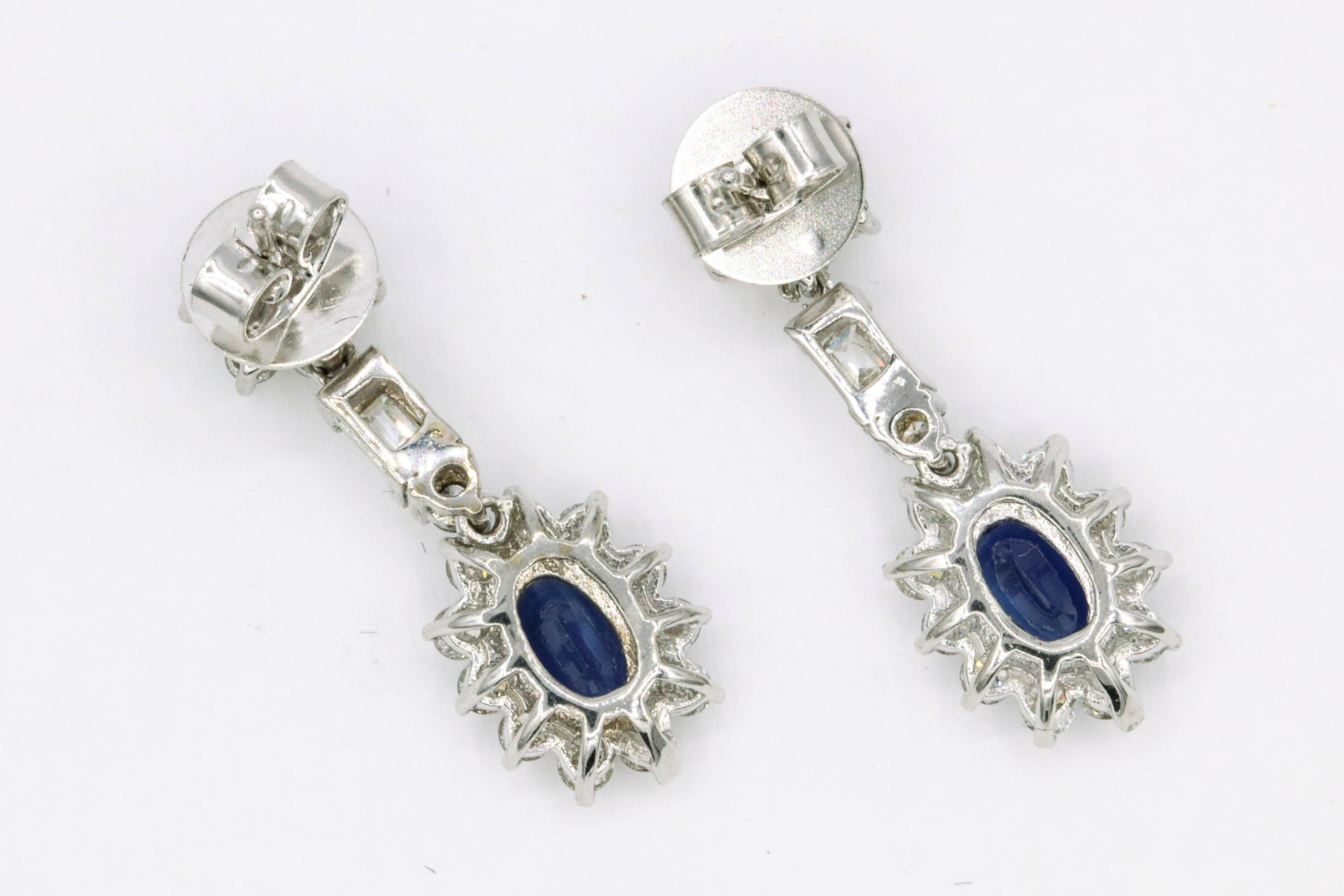 Women's Sapphire Diamond Cluster Drop Earrings 3.63 Carat 18 Karat White Gold