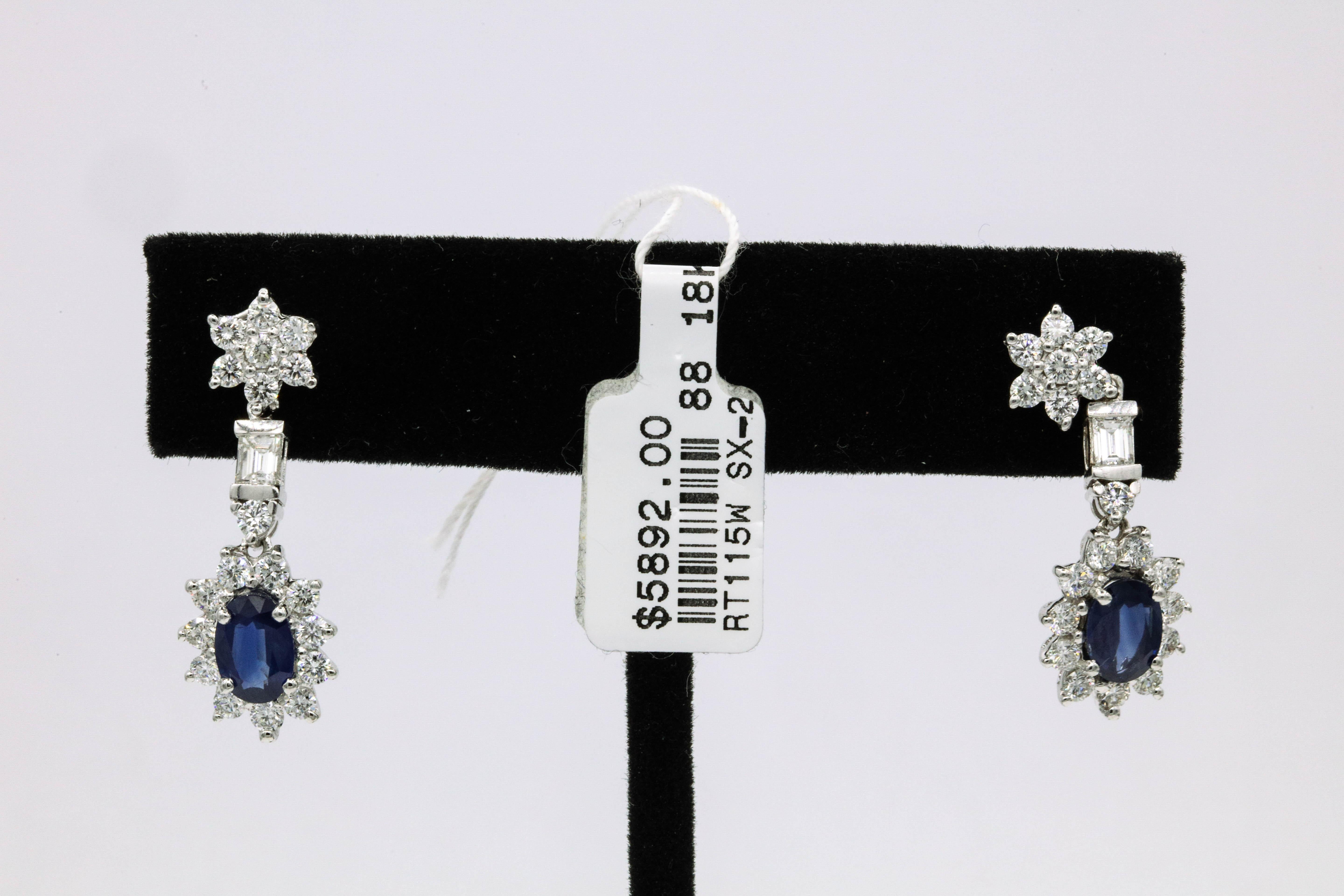 Sapphire Diamond Cluster Drop Earrings 3.63 Carat 18 Karat White Gold 2