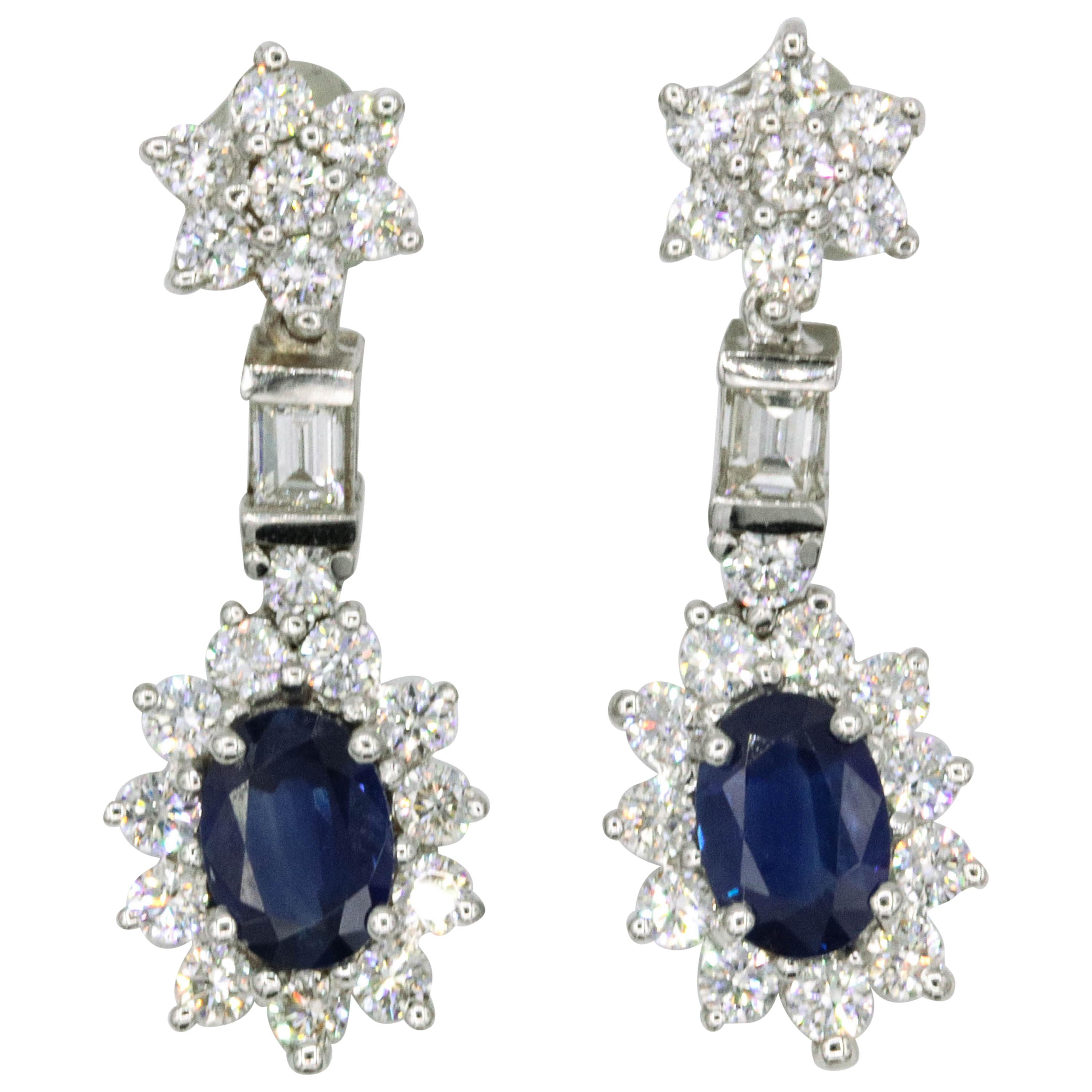 Sapphire Diamond Cluster Drop Earrings 3.63 Carat 18 Karat White Gold