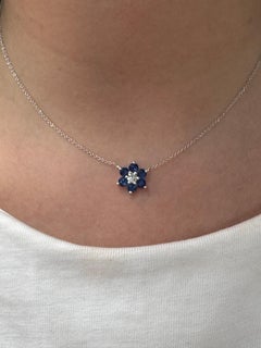 Sapphire Diamond Cluster Floral Pendant Necklace 1.38 CTTW 14 Karat White Gold