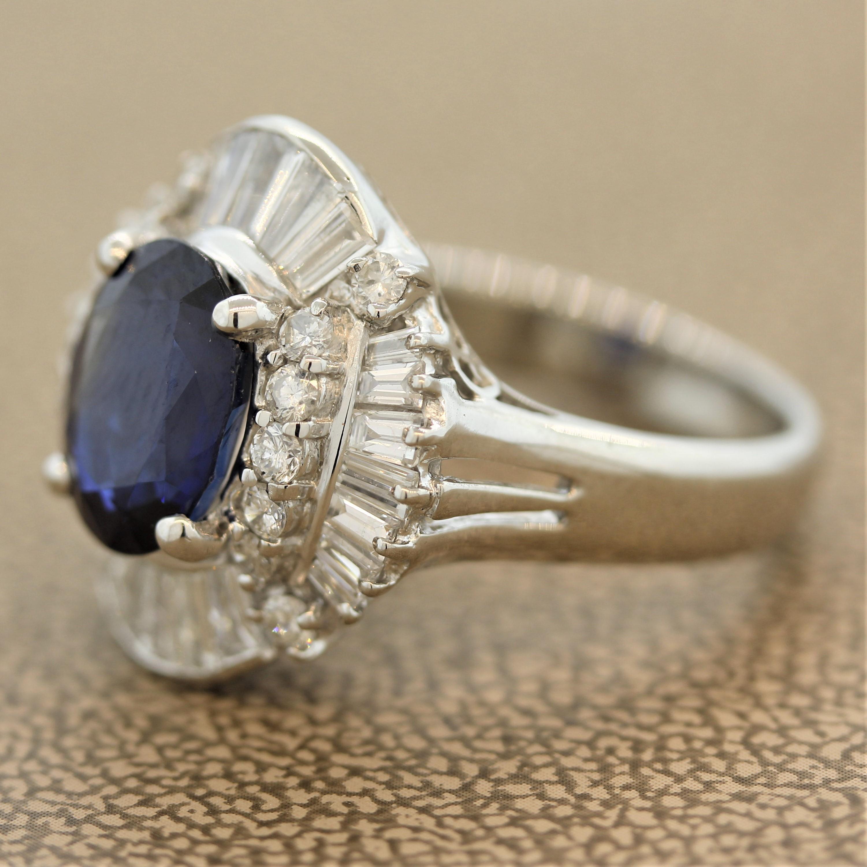 Oval Cut Sapphire Diamond Cluster Platinum Cocktail Ring For Sale