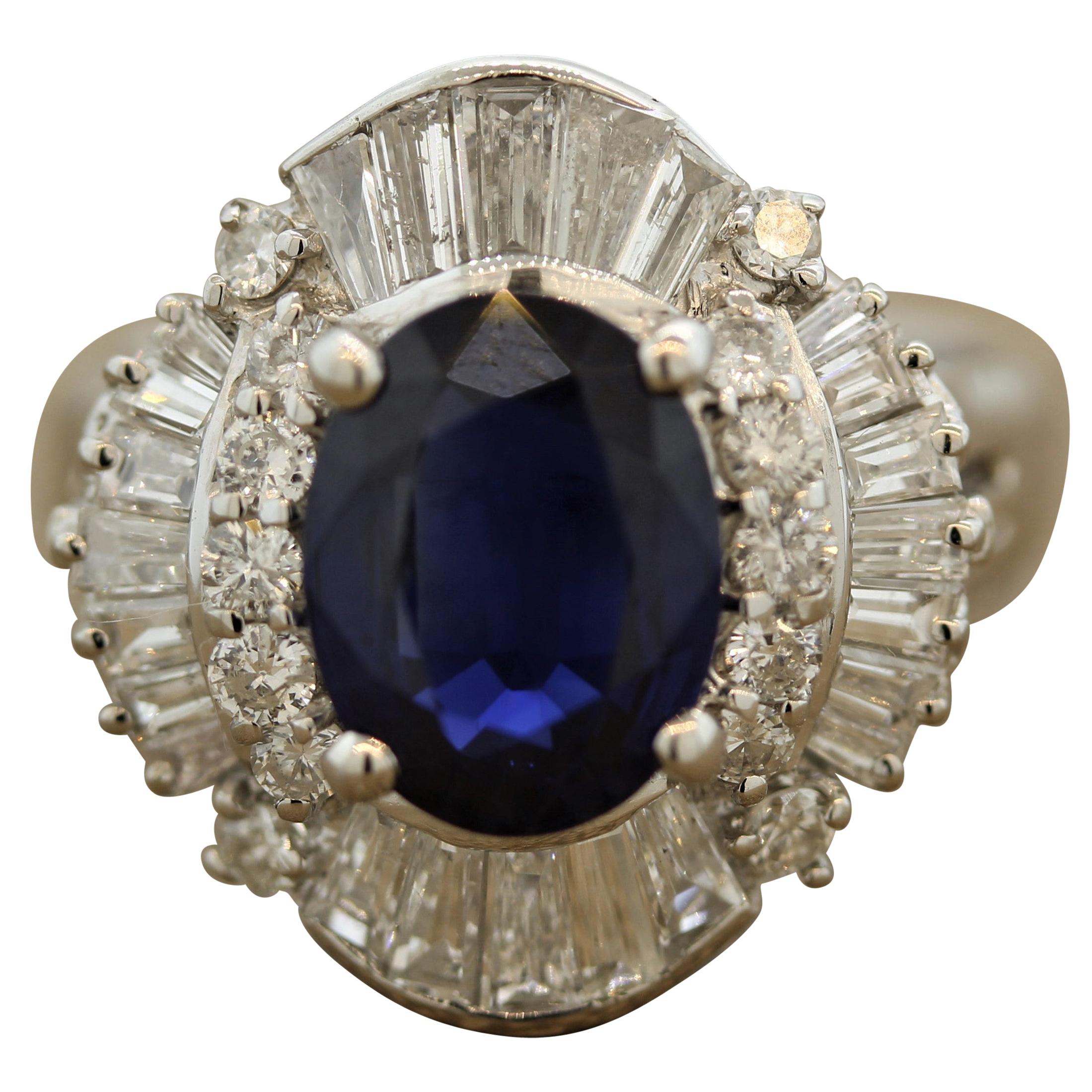Sapphire Diamond Cluster Platinum Cocktail Ring For Sale