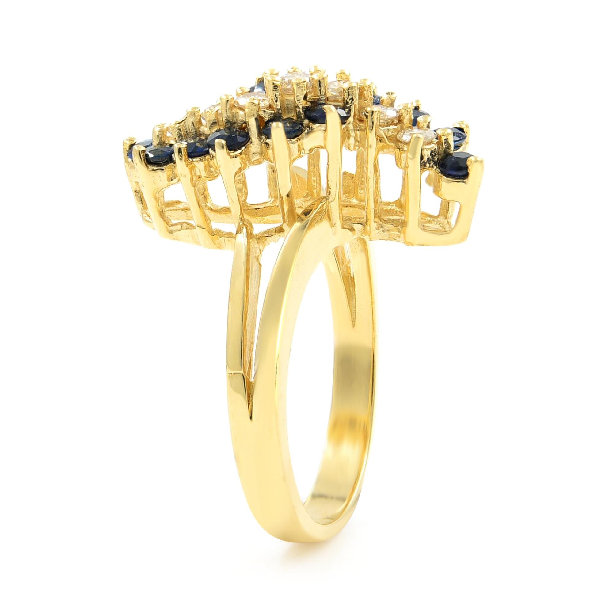 Diamonds and sapphire together weighing .80 carat, join forces to create a fabulous flash in this retro era dazzler hand fabricated in rich 14K yellow gold - circa 1980. Currently ring size 6.
Ring length: 20mm. 
