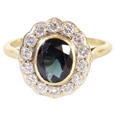 Sapphire diamond cluster ring in 18k yellow and white gold, wedding ring